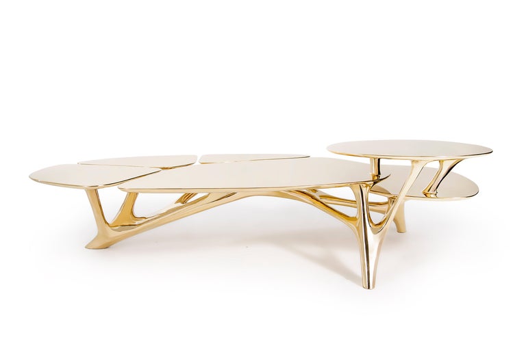 Chinese Lotus Coffee Table Polished Brass by Zhipeng Tan For Sale