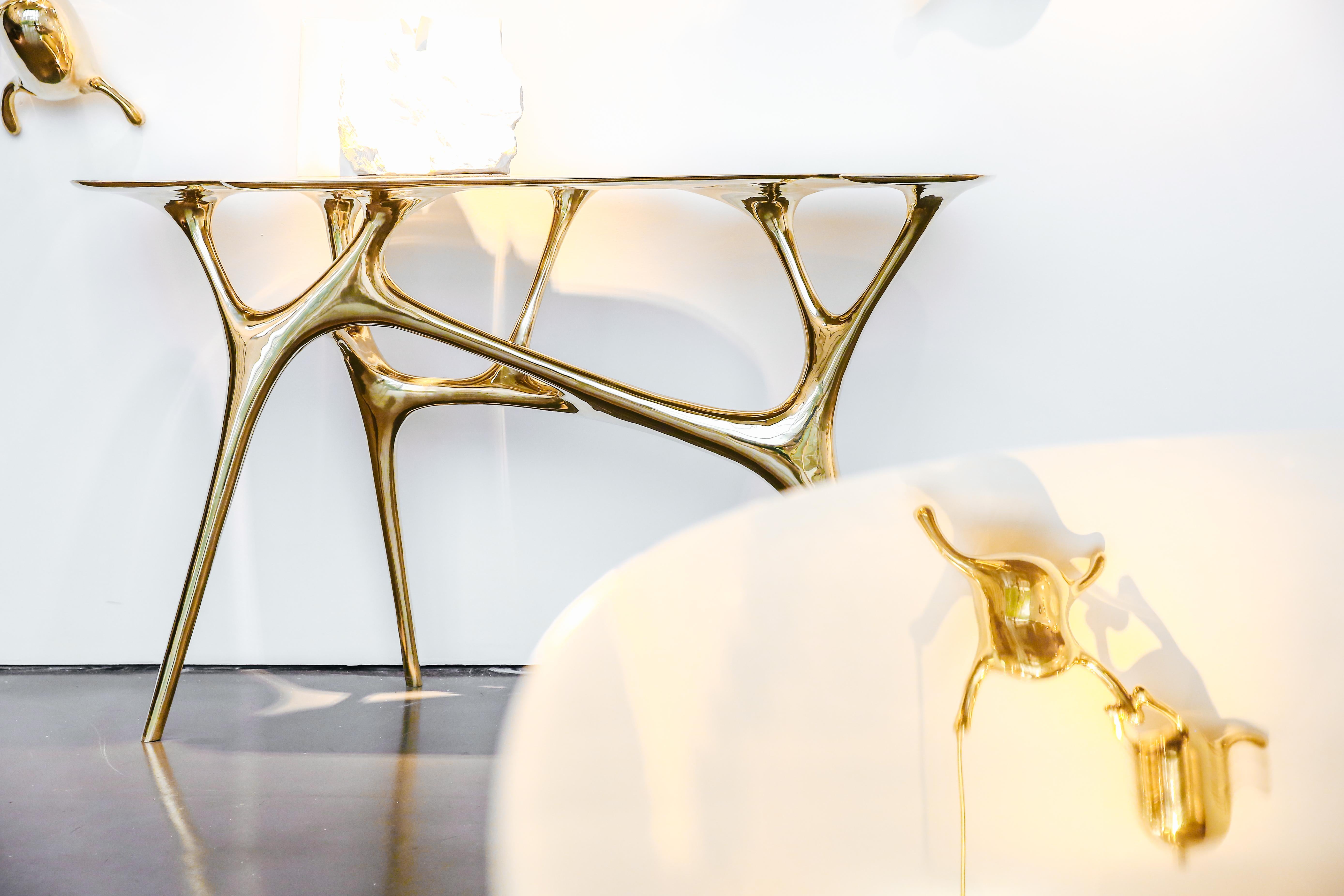 Console lotus/Table d'entrée/Table de couloir en laiton poli par Zhipeng Tan Neuf - En vente à Beverly Hills, CA