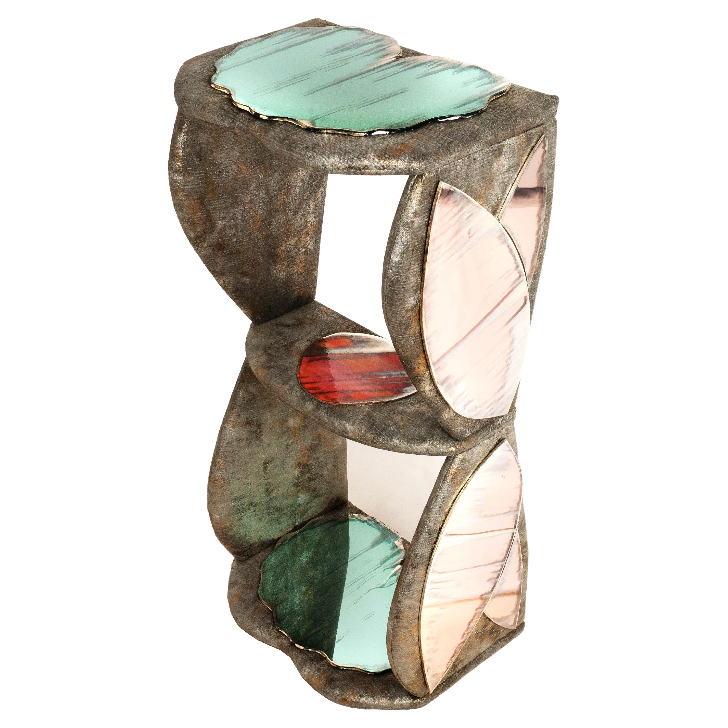 "Lotus" Contemporary Side Table, mud Velvet, art Silvered Glass   For Sale