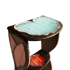 Lotus Contemporary Side Table, Three Shelves, Velvet, Silvered Glass Rose Jade
