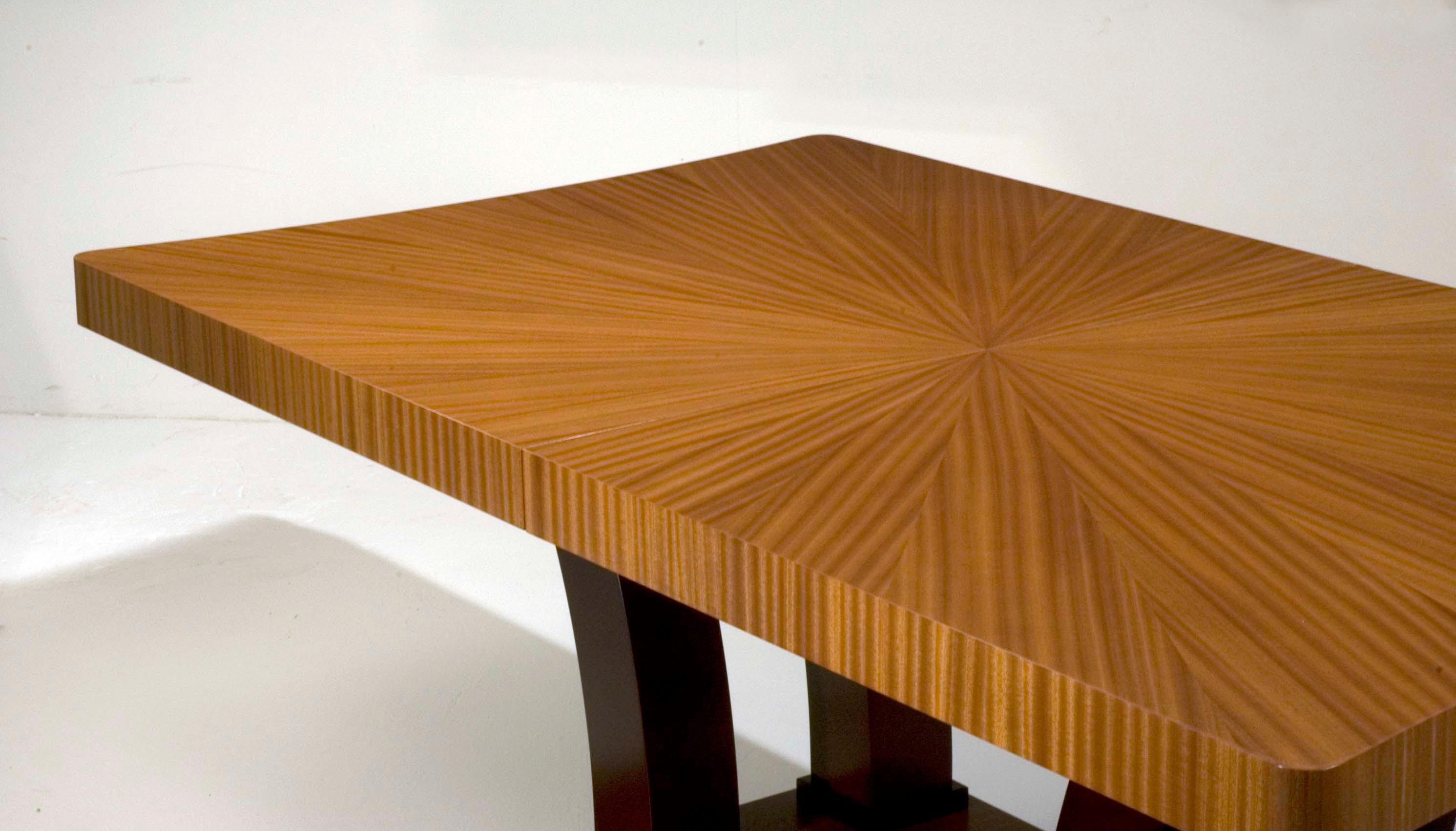 Modern Lotus Dining Table with Starburst Ribbon Sapeli Top and Espresso Legs, 2 Leaves For Sale