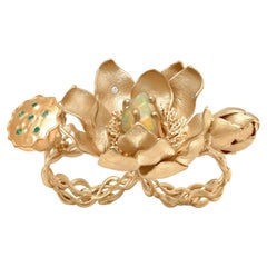 Lotus Double-Finger Ring in 24K Gold-Plated Silver with Opal and Emeralds