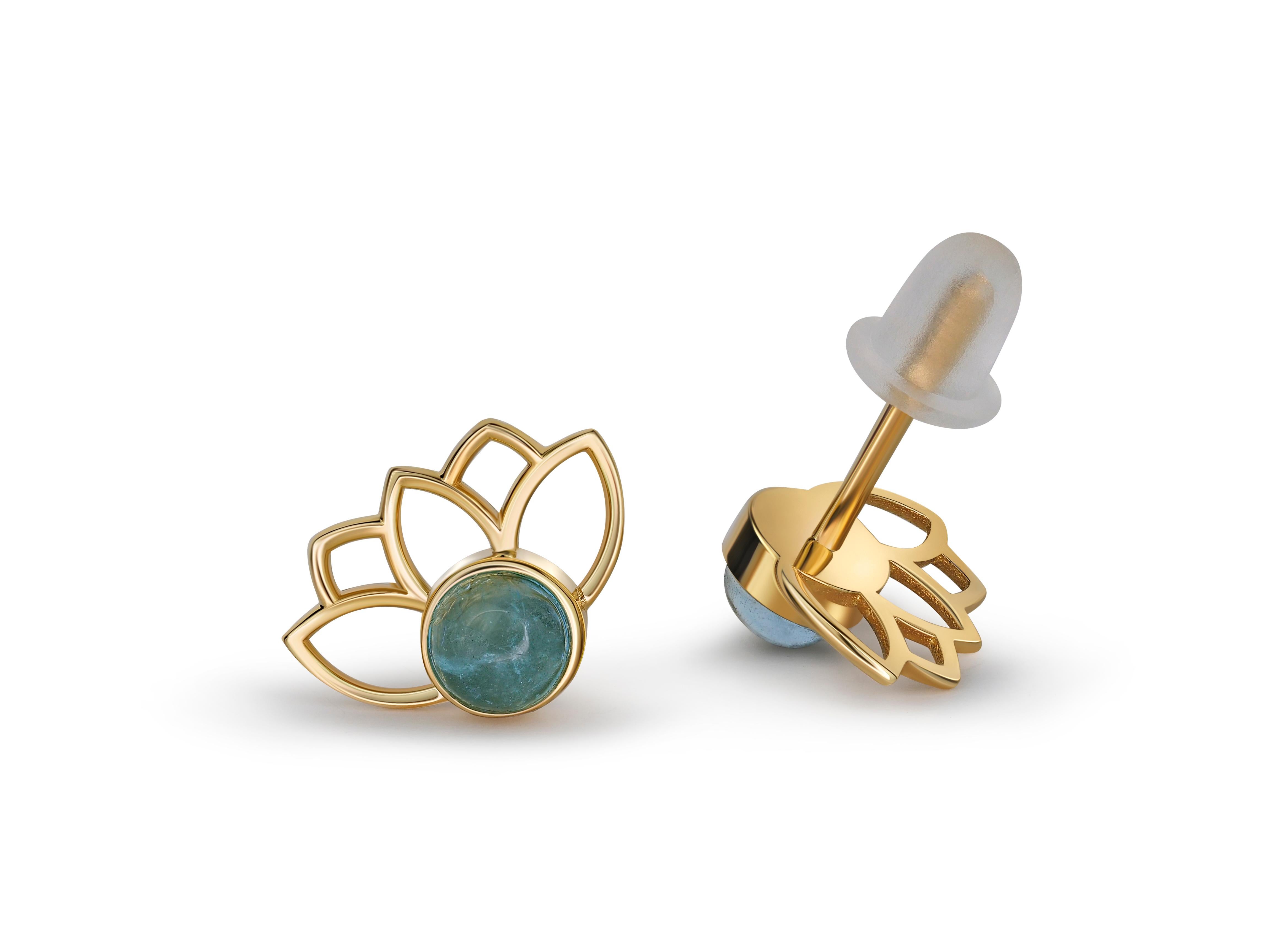 Modern Lotus Earrings Studs with Aquamarines in 14k Gold, Aquamarine Cab Earrings