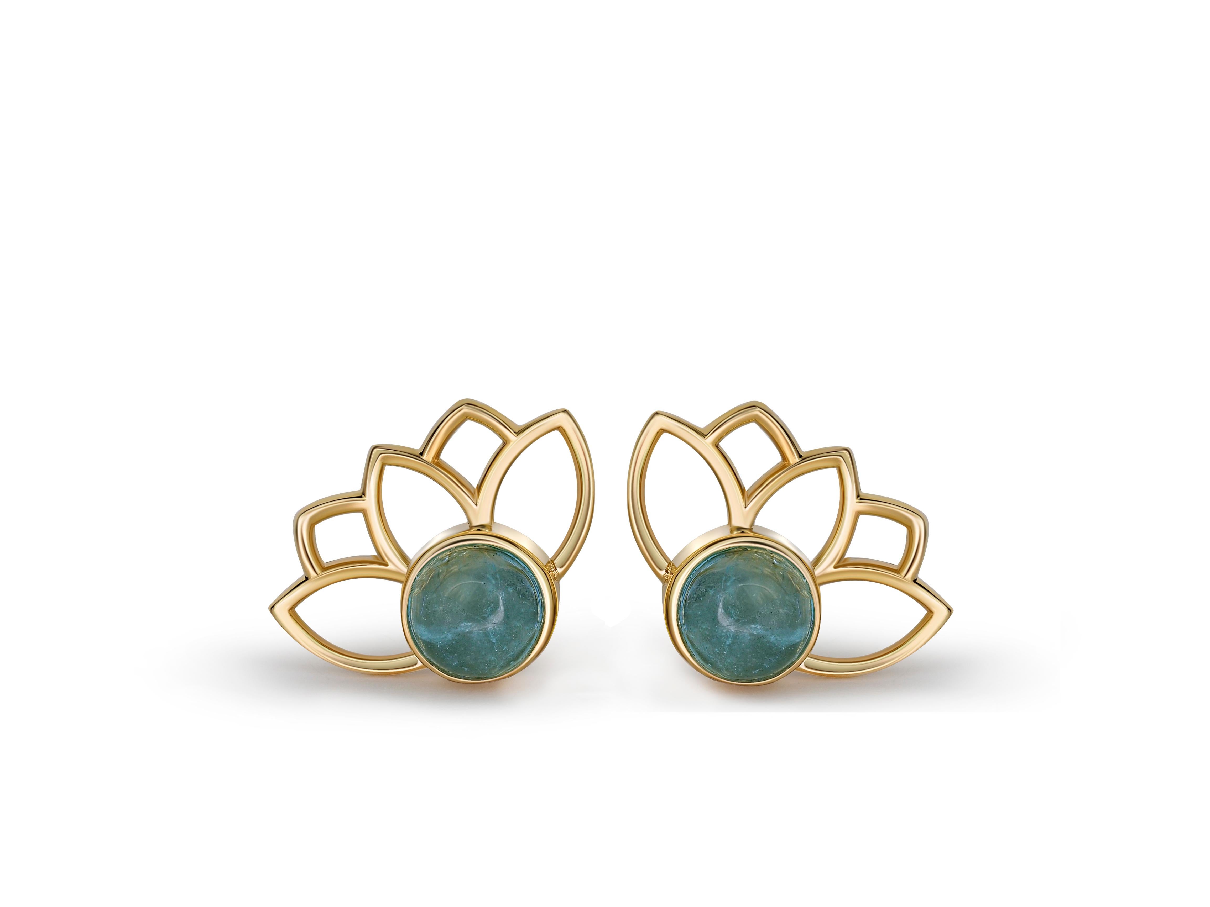 Cabochon Lotus Earrings Studs with Aquamarines in 14k Gold, Aquamarine Cab Earrings For Sale