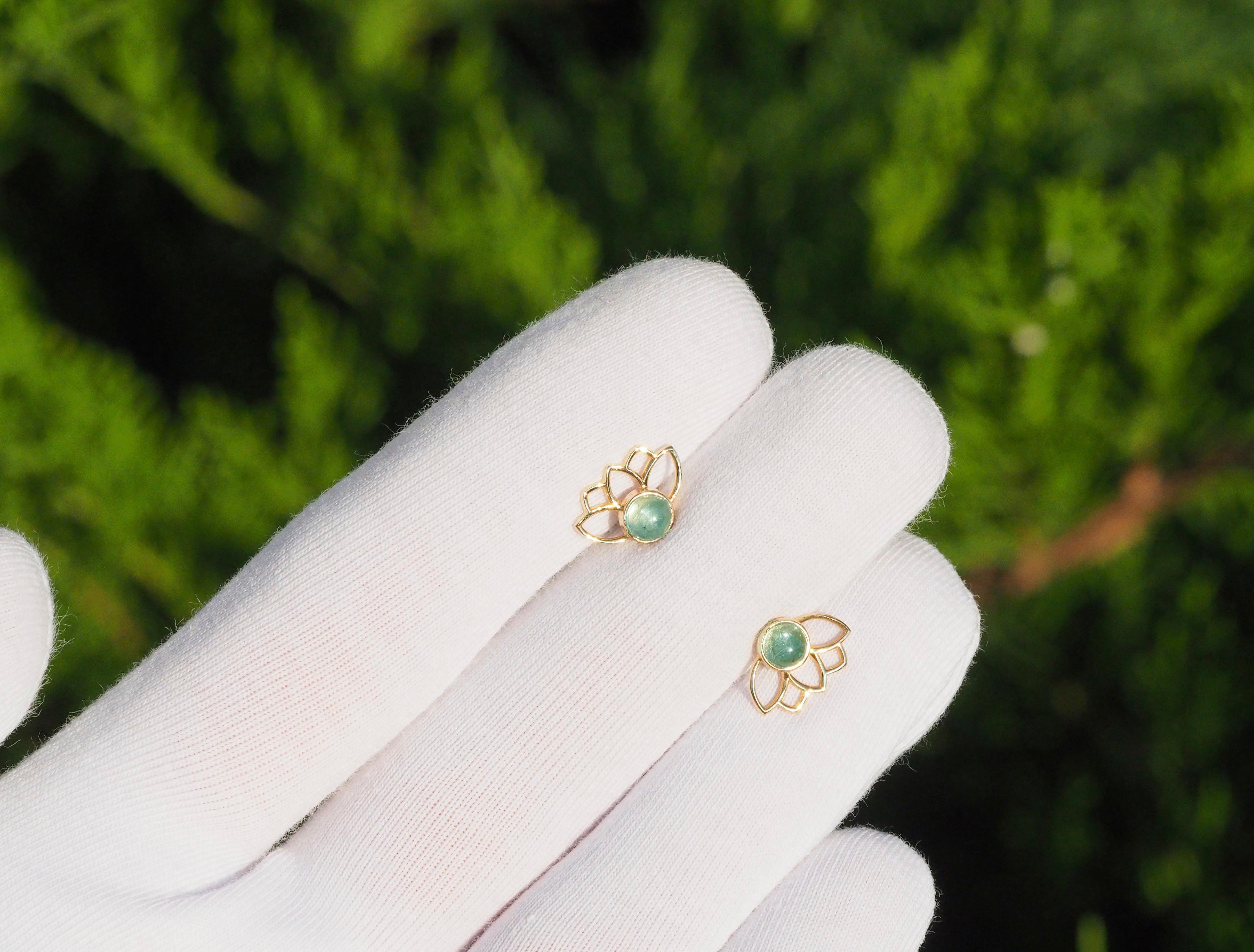 Women's or Men's Lotus Earrings Studs with Aquamarines in 14k Gold For Sale