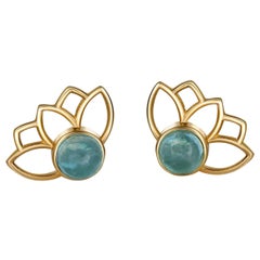 Lotus Earrings Studs with Aquamarines in 14K Gold