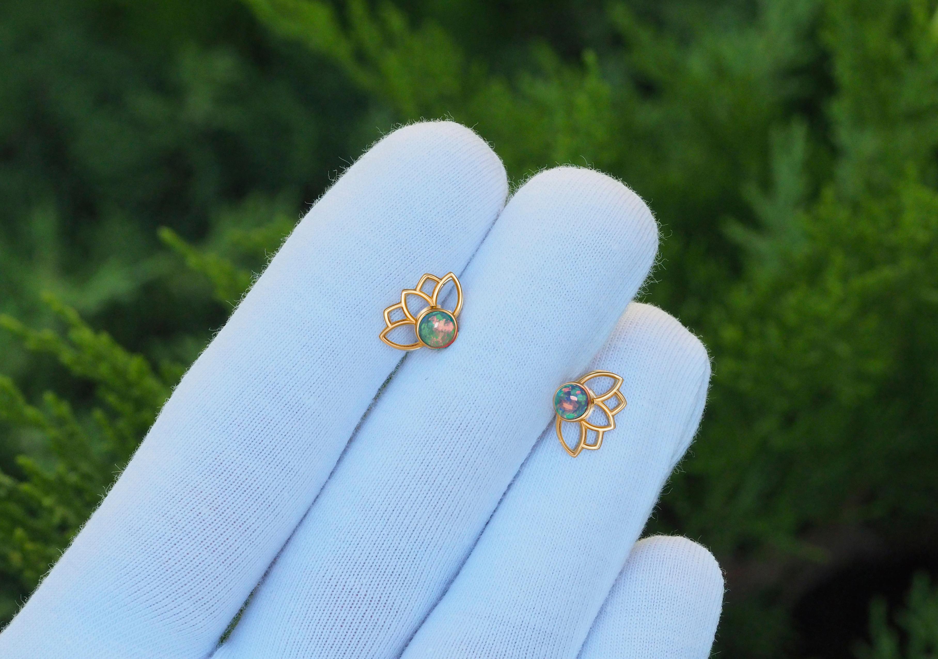 Modern Lotus Earrings Studs with Opals in 14k Gold, Opal Gold Earrings