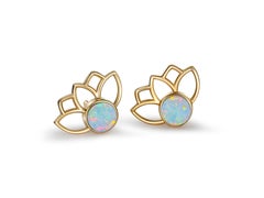 Lotus Earrings Studs with Opals in 14k Gold, Opal Gold Earrings