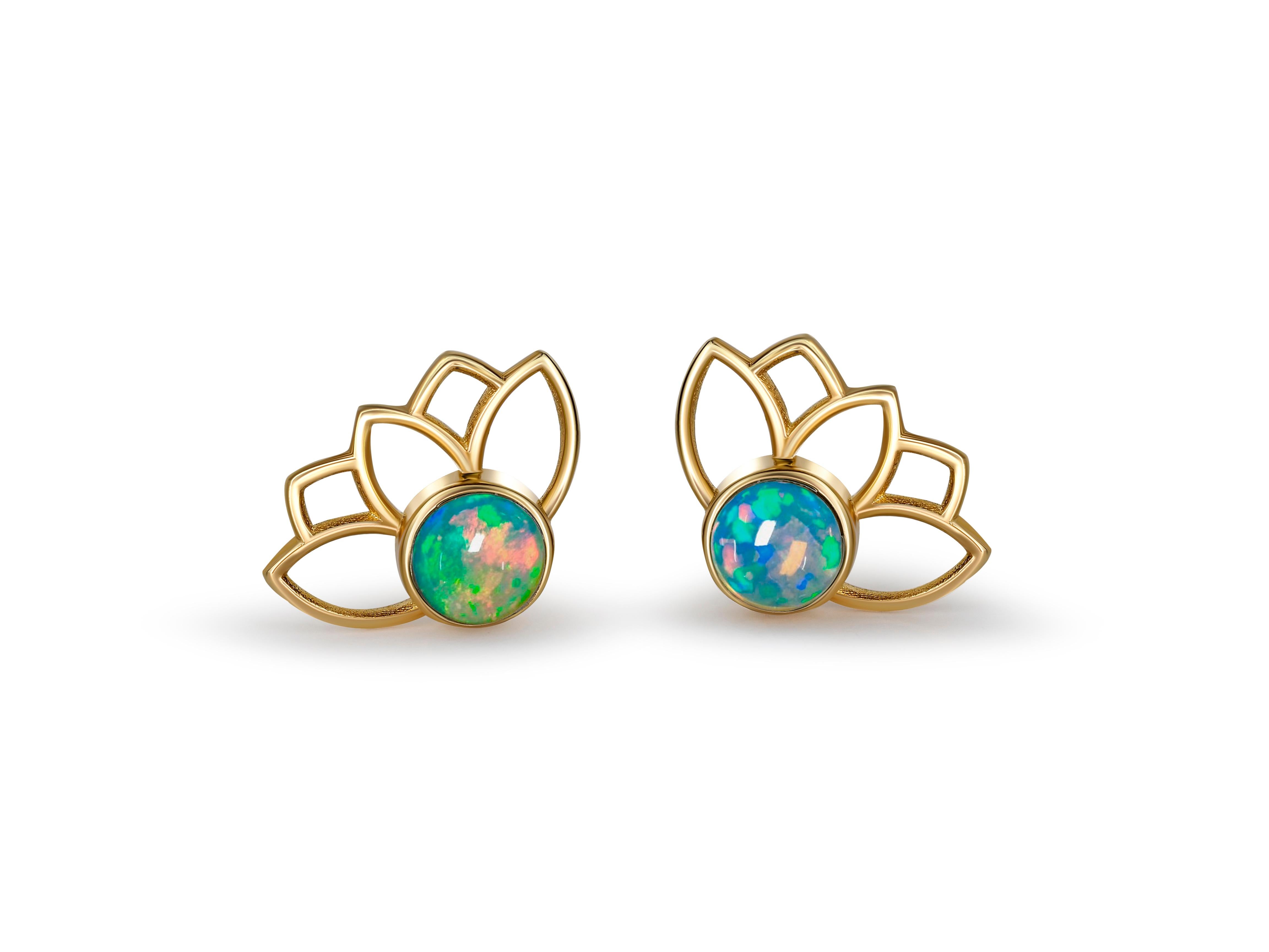 Cabochon Lotus Earrings Studs with Opals in 14k Gold, Opal Gold Earrings