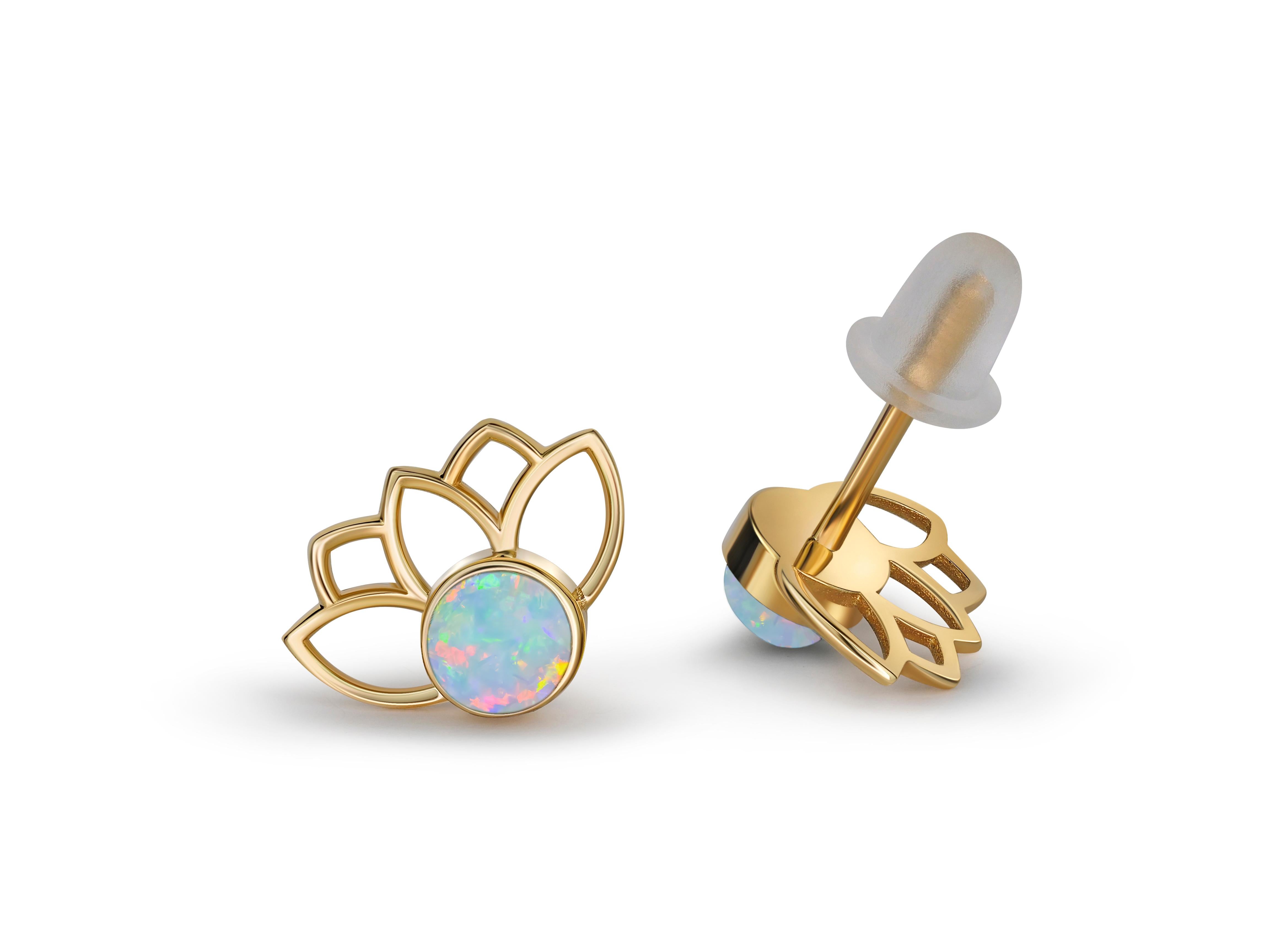 Modern Lotus Earrings Studs with Opals in 14k Gold, Opal Gold Earrings For Sale
