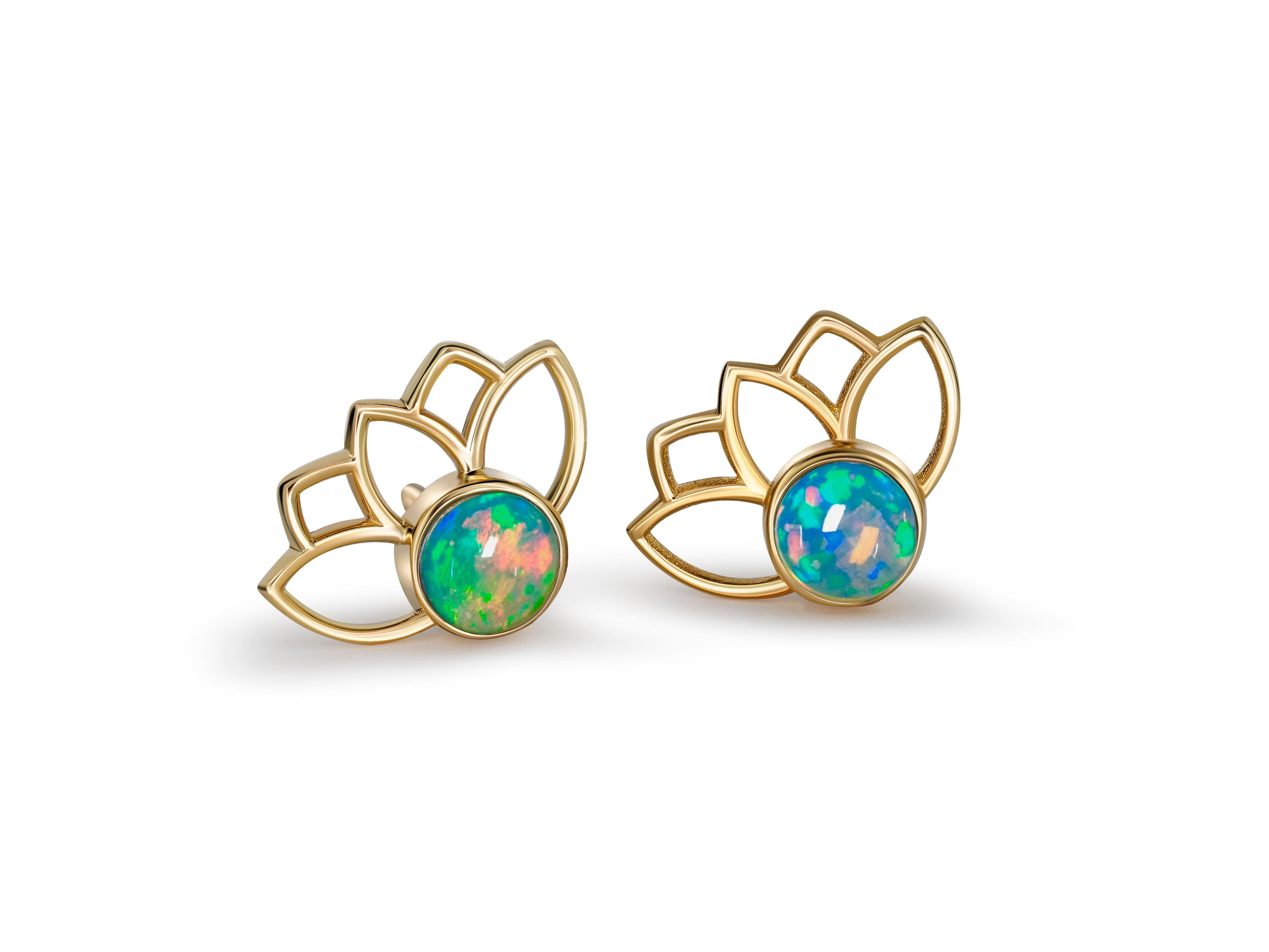 Lotus Earrings Studs with Opals in 14k Gold, Opal Gold Earrings In New Condition In Istanbul, TR