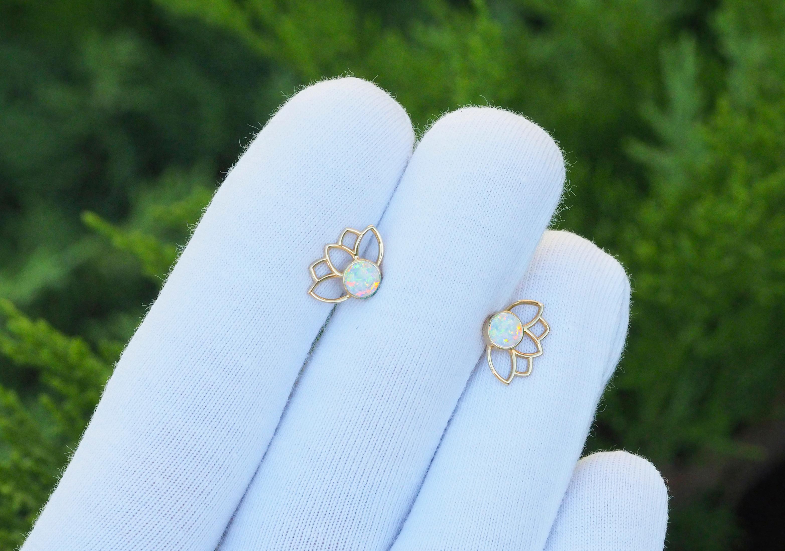 Cabochon Lotus Earrings Studs with Opals in 14k Gold, Opal Gold Earrings For Sale