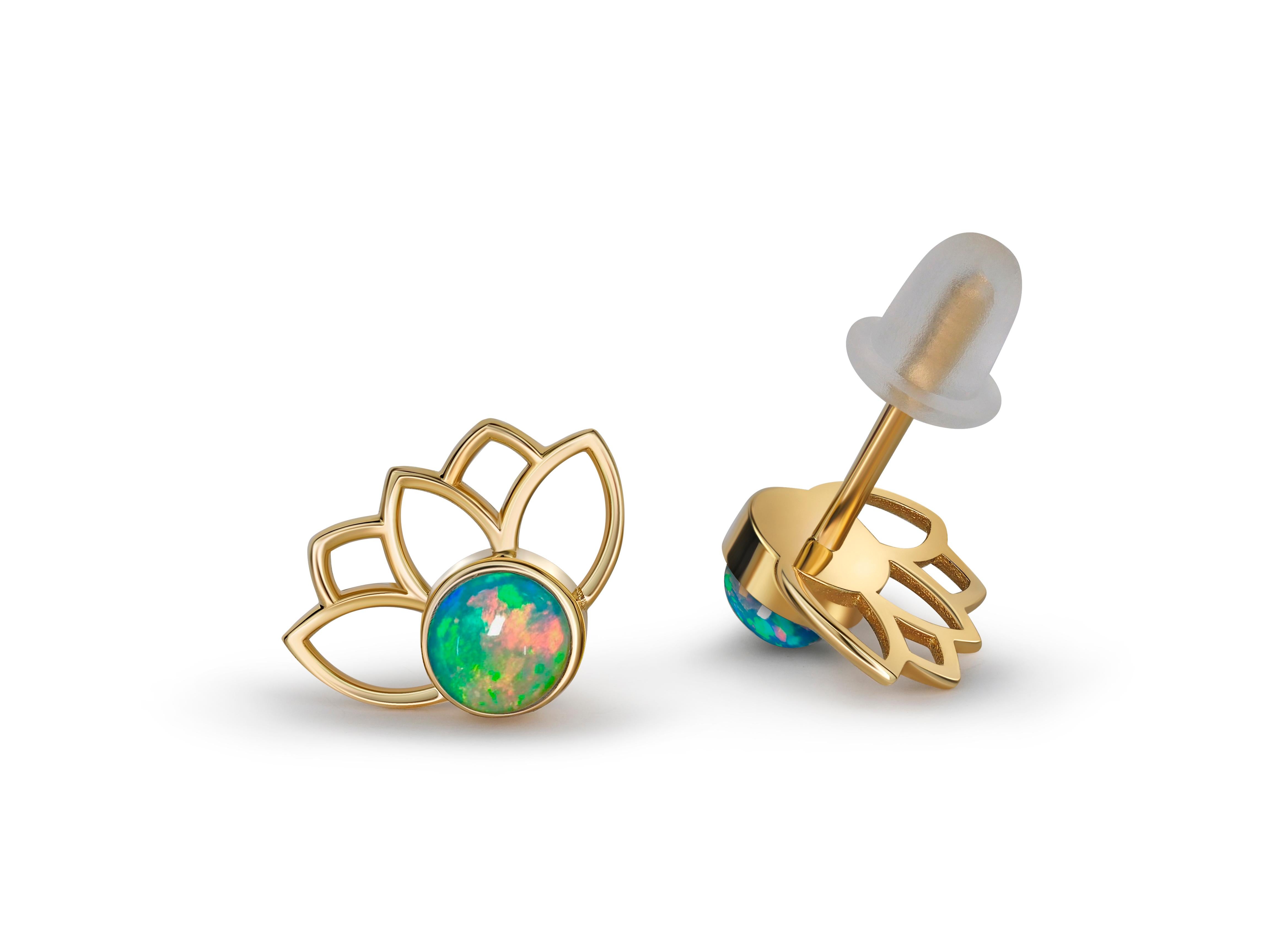 Women's or Men's Lotus Earrings Studs with Opals in 14k Gold, Opal Gold Earrings