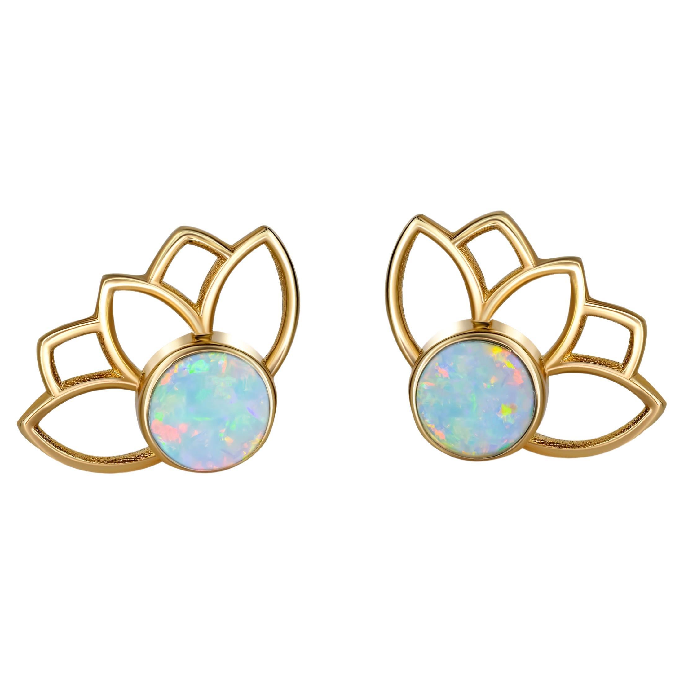 Lotus Earrings Studs with Opals in 14k Gold, Opal Gold Earrings For Sale