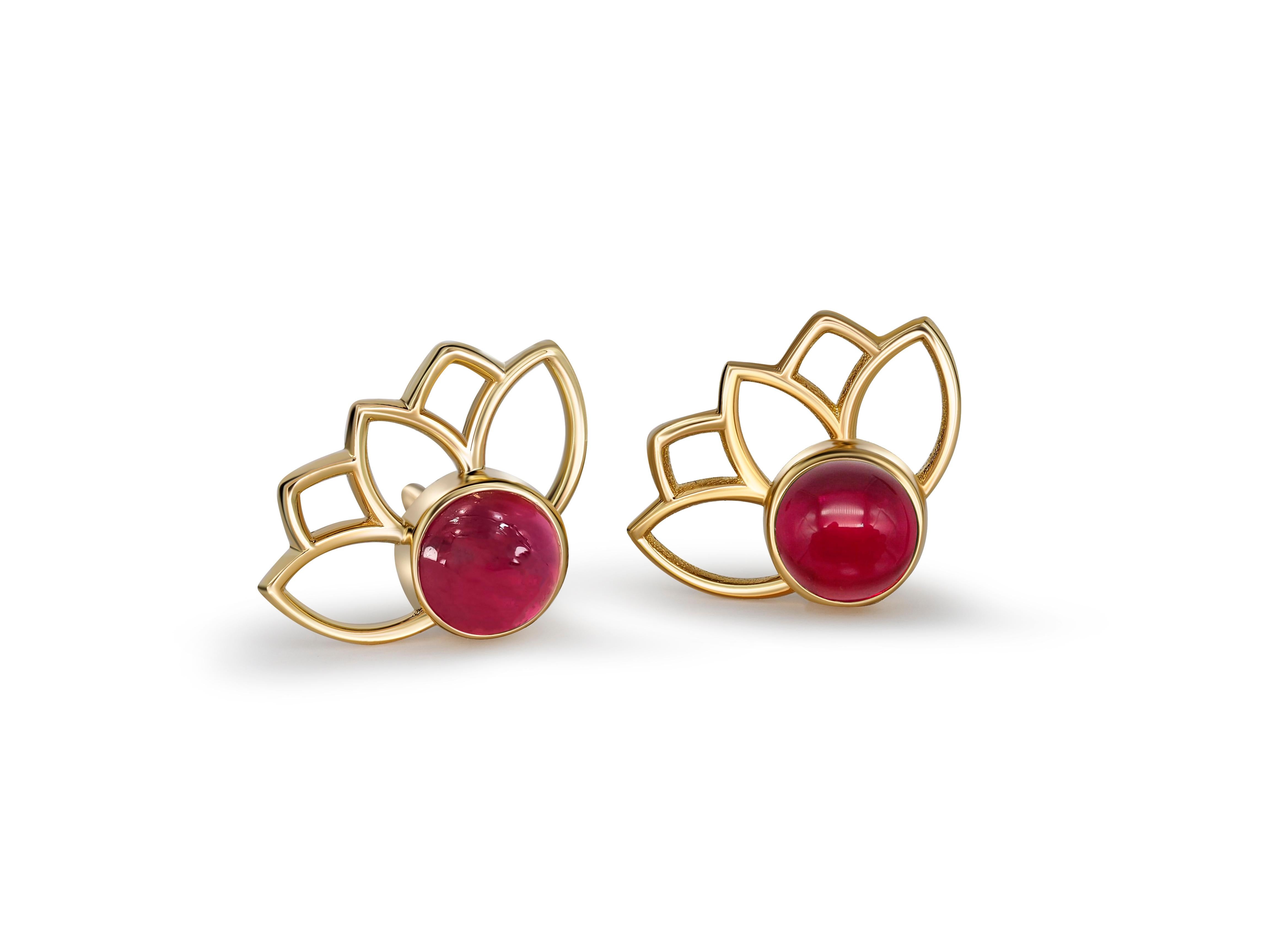 Cabochon Lotus earrings studs with rubies in 14k gold.  For Sale
