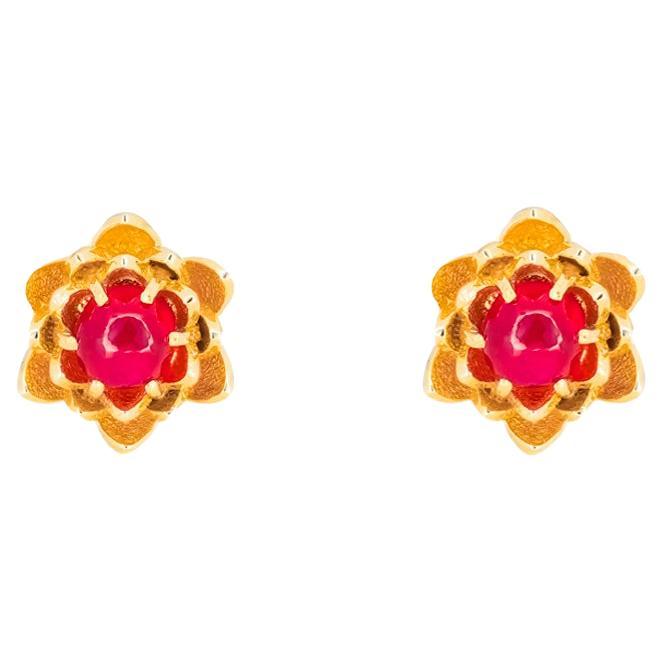 Lotus earrings studs with rubies in 14k gold.  For Sale