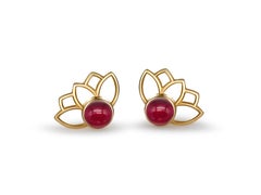 Lotus Earrings Studs with Rubies in 14k Gold. Ruby Gold Earrings