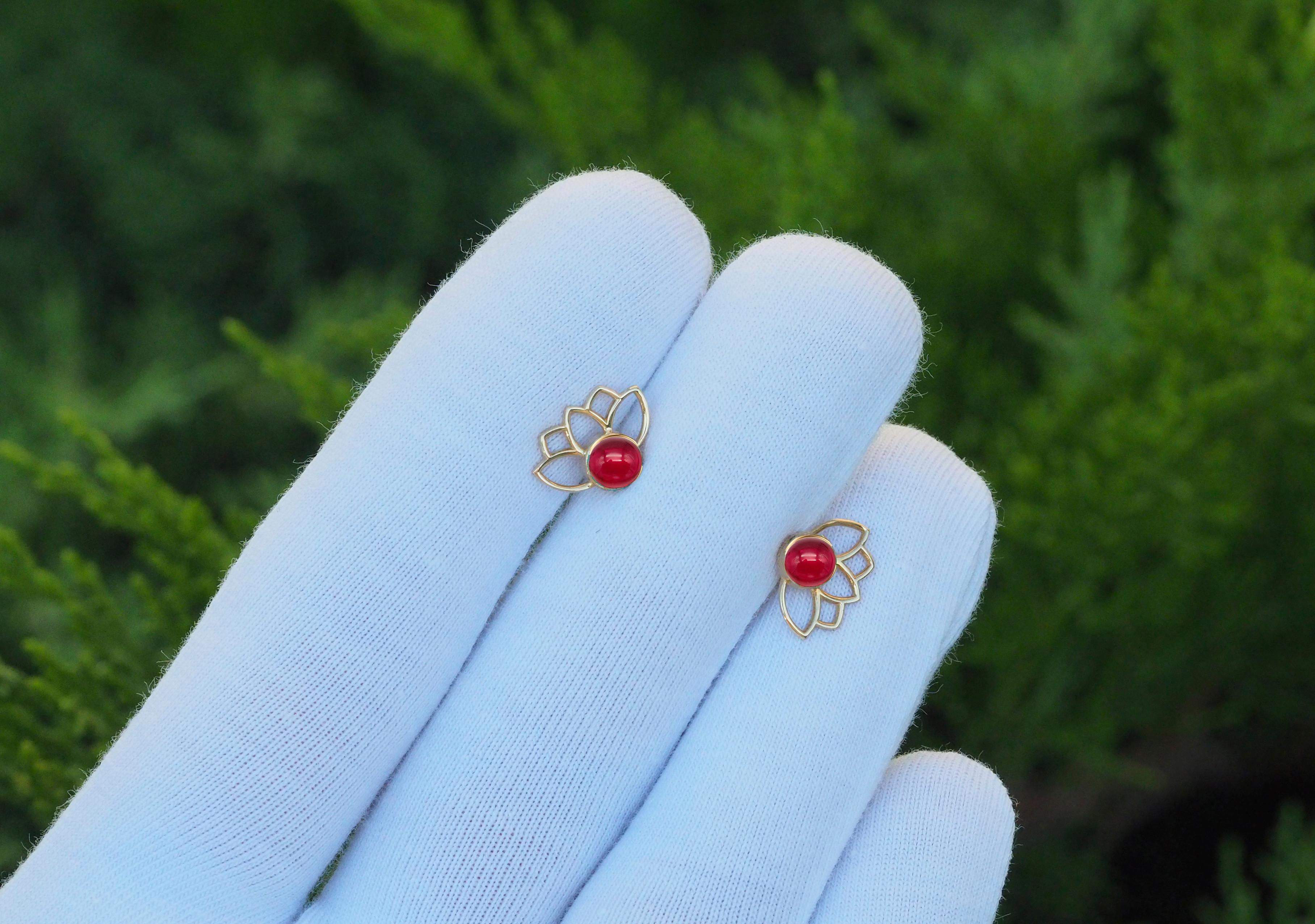 Modern Lotus Earrings Studs with Rubies in 14k Gold. Ruby Gold Earrings For Sale