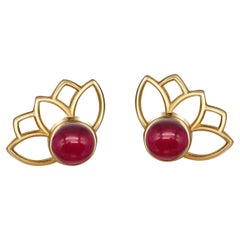 Lotus Earrings Studs with Rubies in 14k Gold. Ruby Gold Earrings