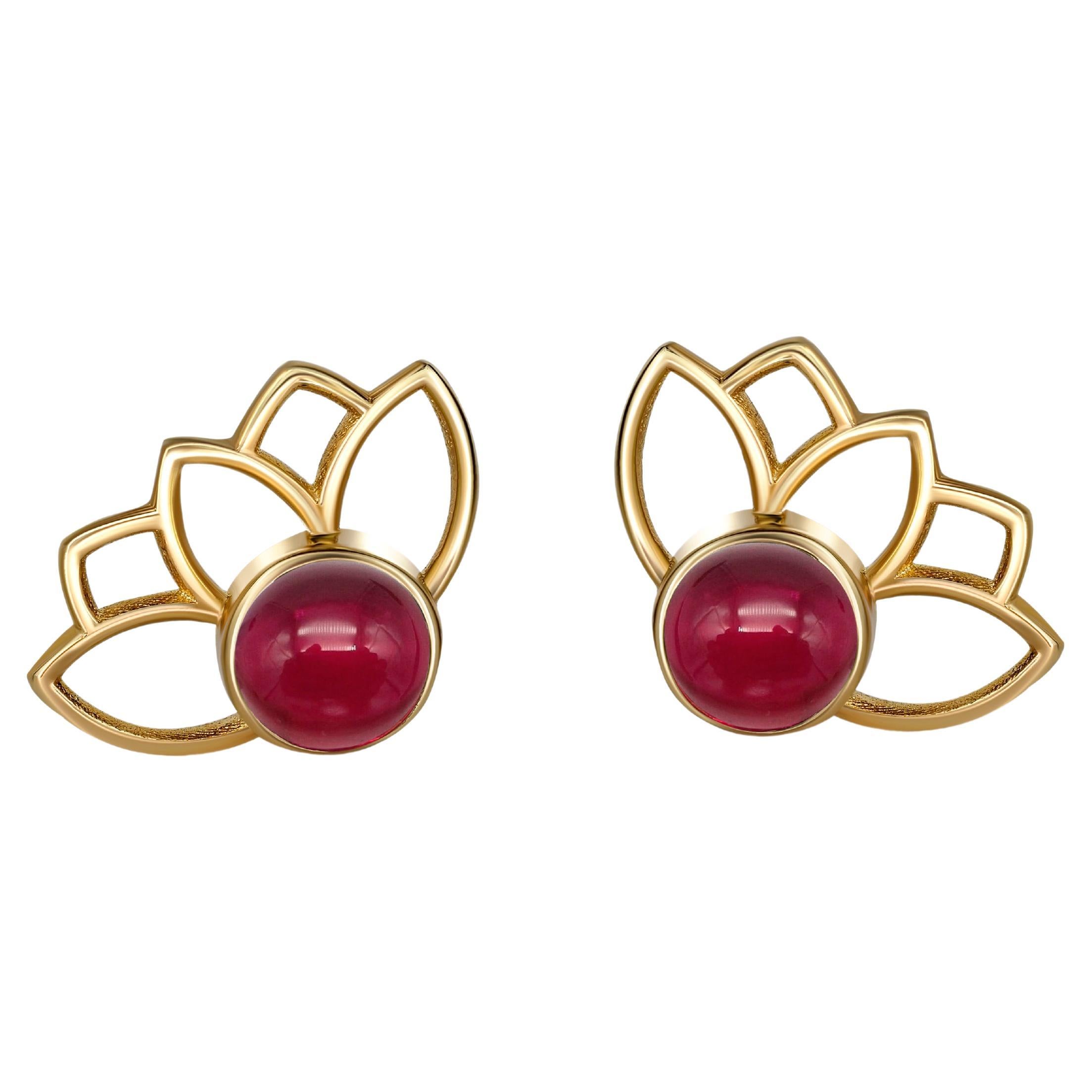 Lotus Earrings Studs with Rubies in 14k Gold. Ruby Gold Earrings For Sale