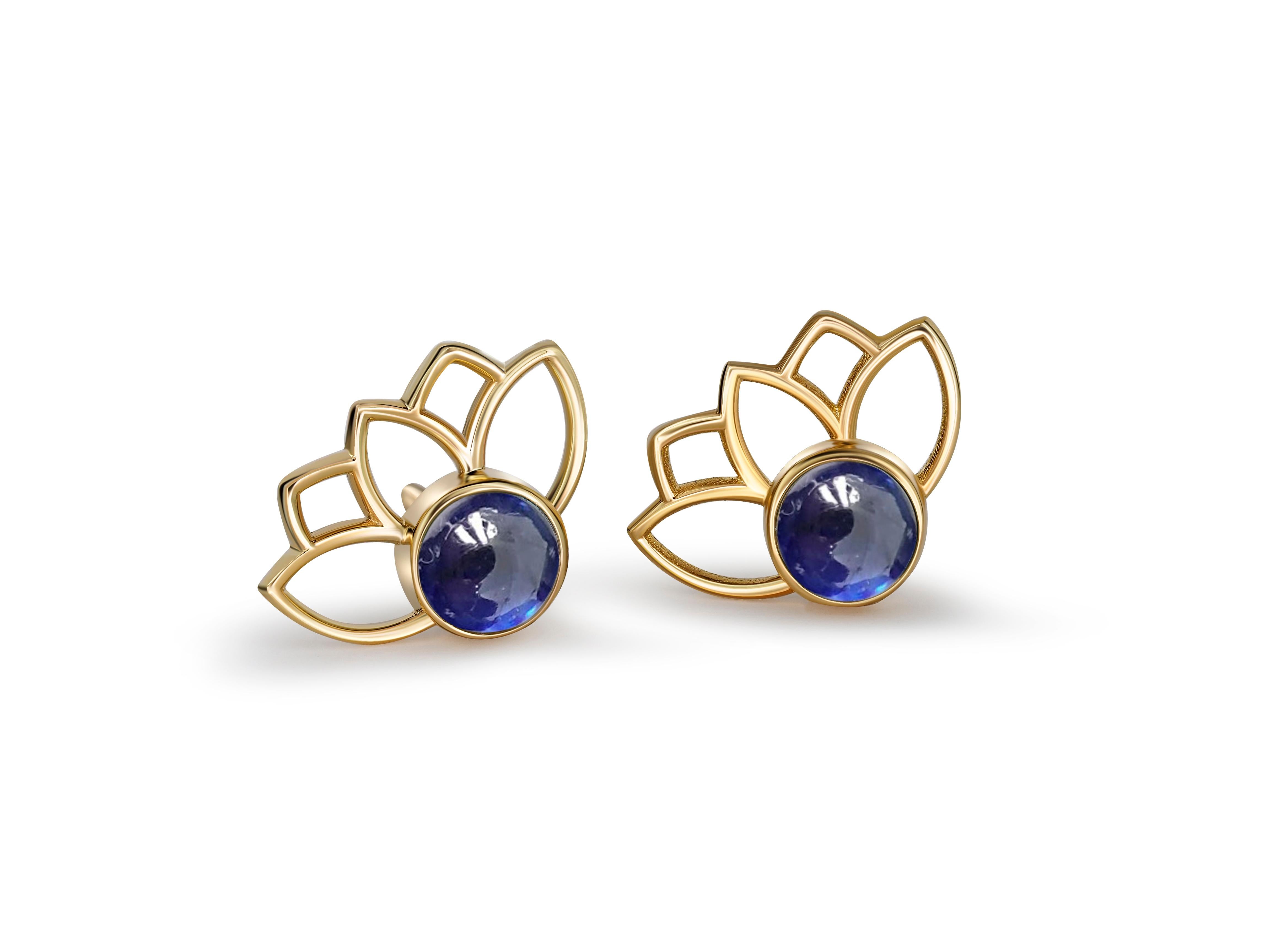 Modern Lotus Earrings Studs with Sapphires in 14k Gold, Blue Sapphire Gold Earrings For Sale
