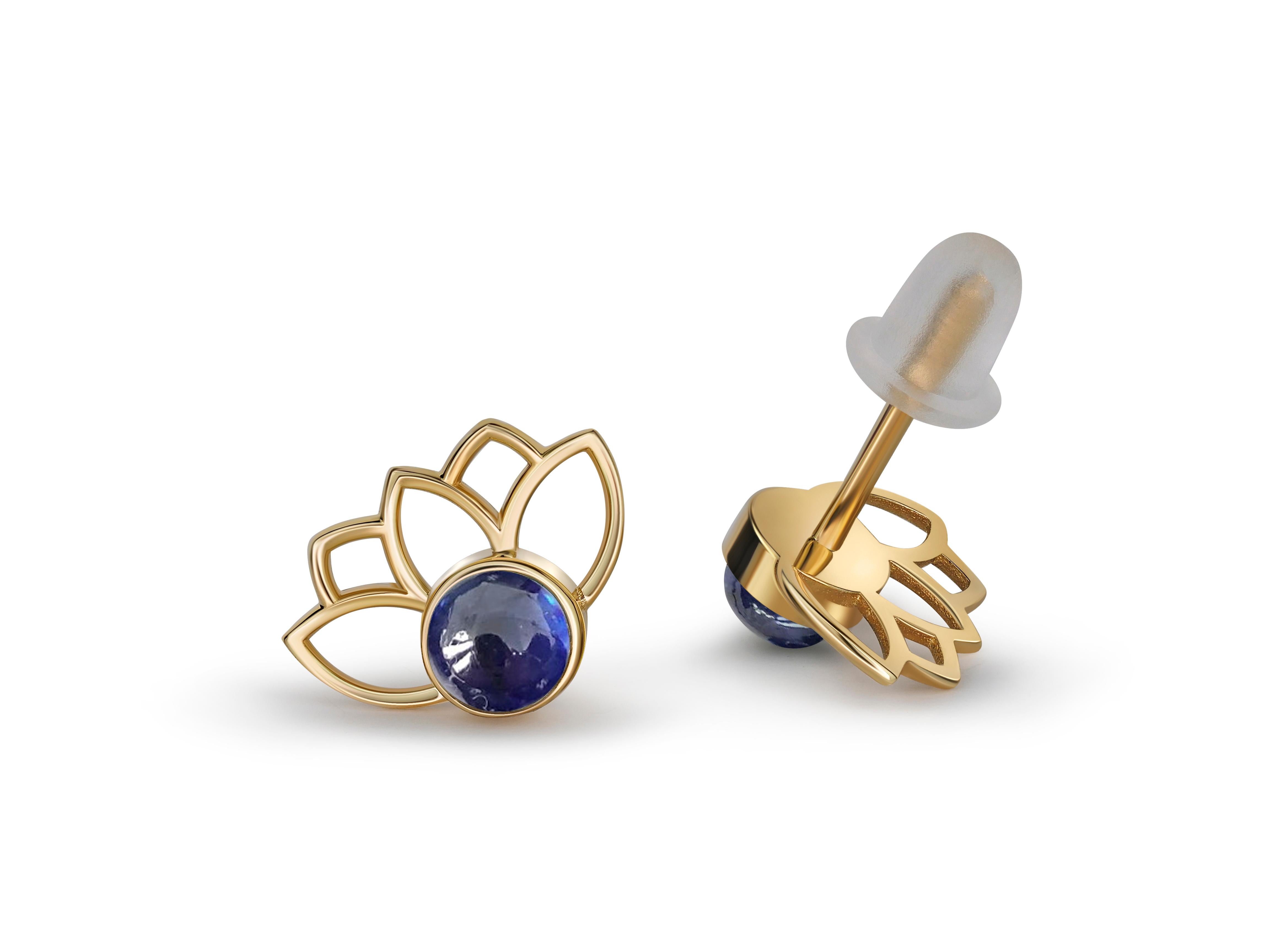 Cabochon Lotus Earrings Studs with Sapphires in 14k Gold, Blue Sapphire Gold Earrings For Sale