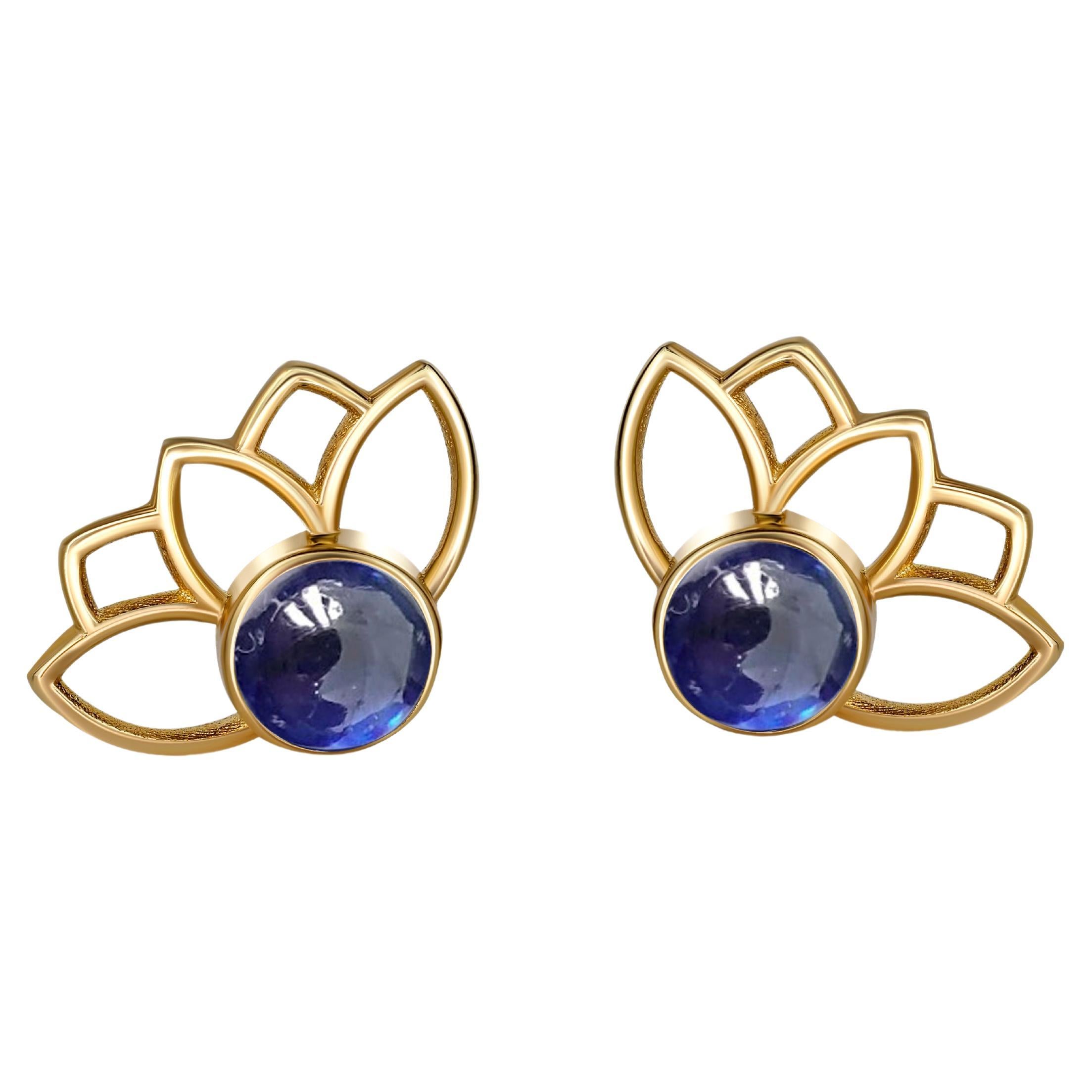 Lotus Earrings Studs with Sapphires in 14k Gold, Blue Sapphire Gold Earrings For Sale
