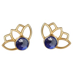 Used Lotus Earrings Studs with Sapphires in 14k Gold, Blue Sapphire Gold Earrings