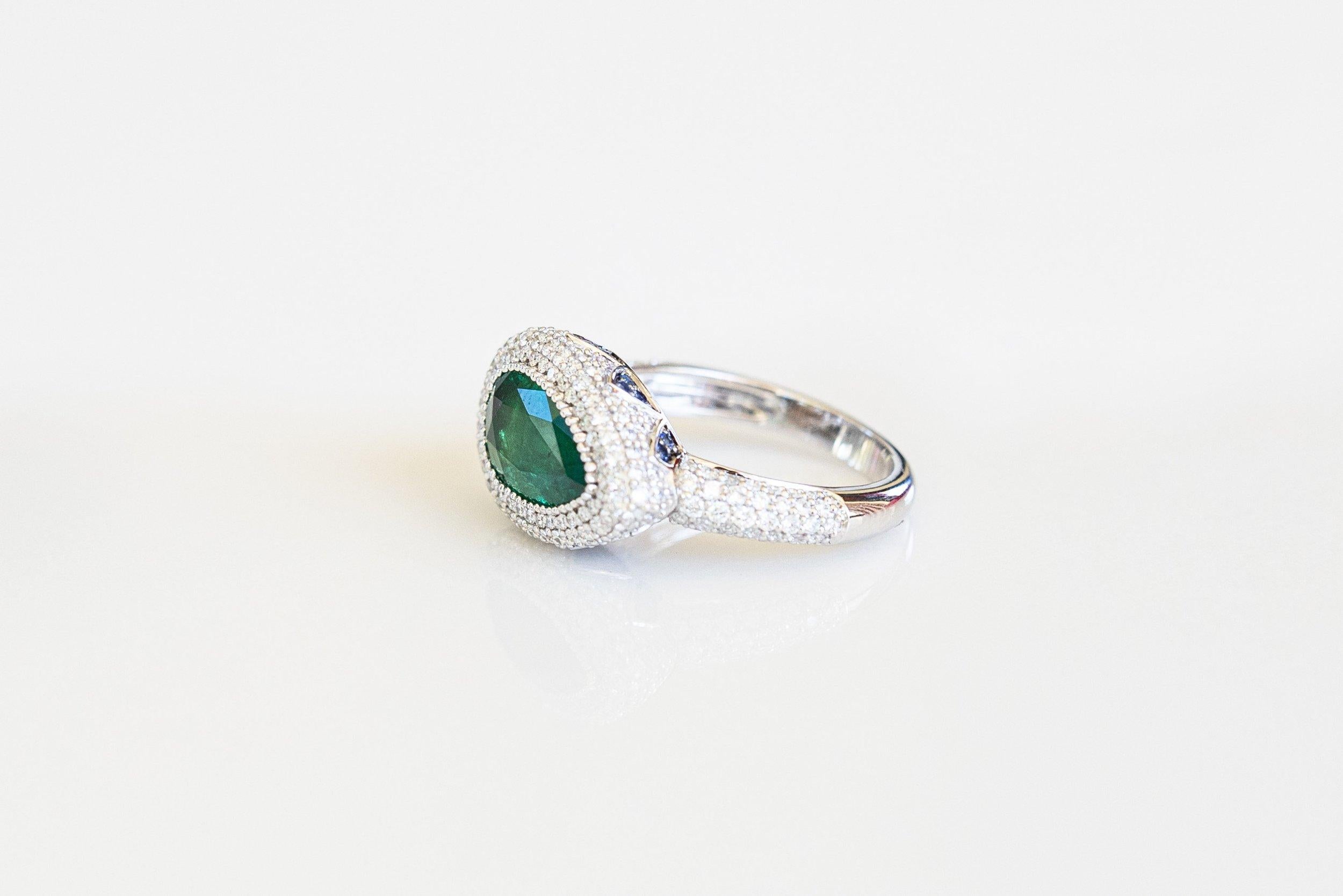 Women's or Men's Lotus East West Ring with 2ct Emerald Solitaire, Blue Sapphire and Diamonds For Sale
