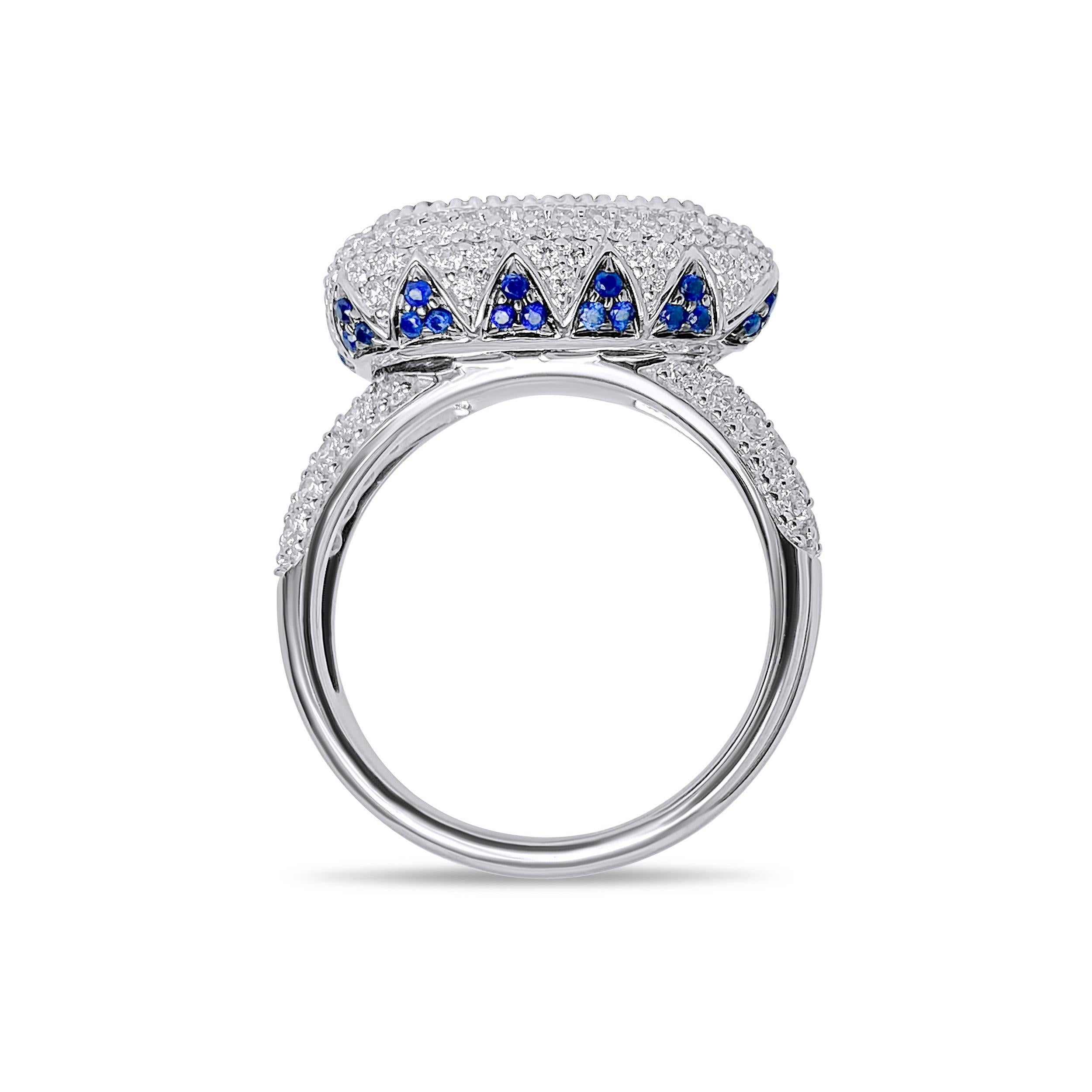 Emerald Cut Lotus East West Ring with 3ct Emerald Solitaire, Blue Sapphire and Diamonds For Sale