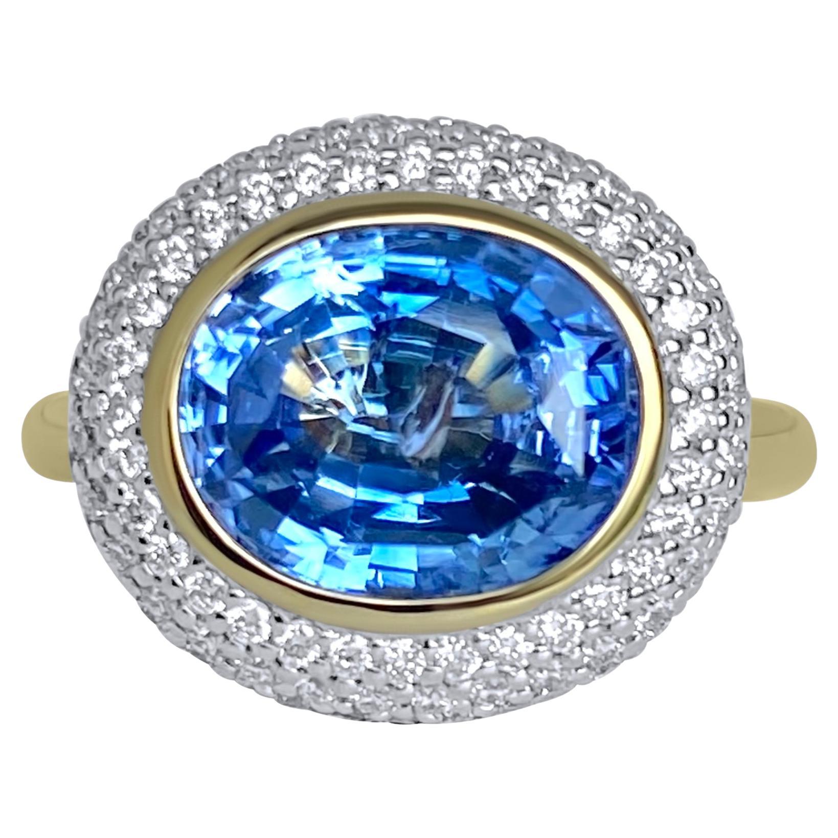 Lotus East West Ring with 4ct Ceylon Blue Sapphire, Emerald and Diamonds For Sale