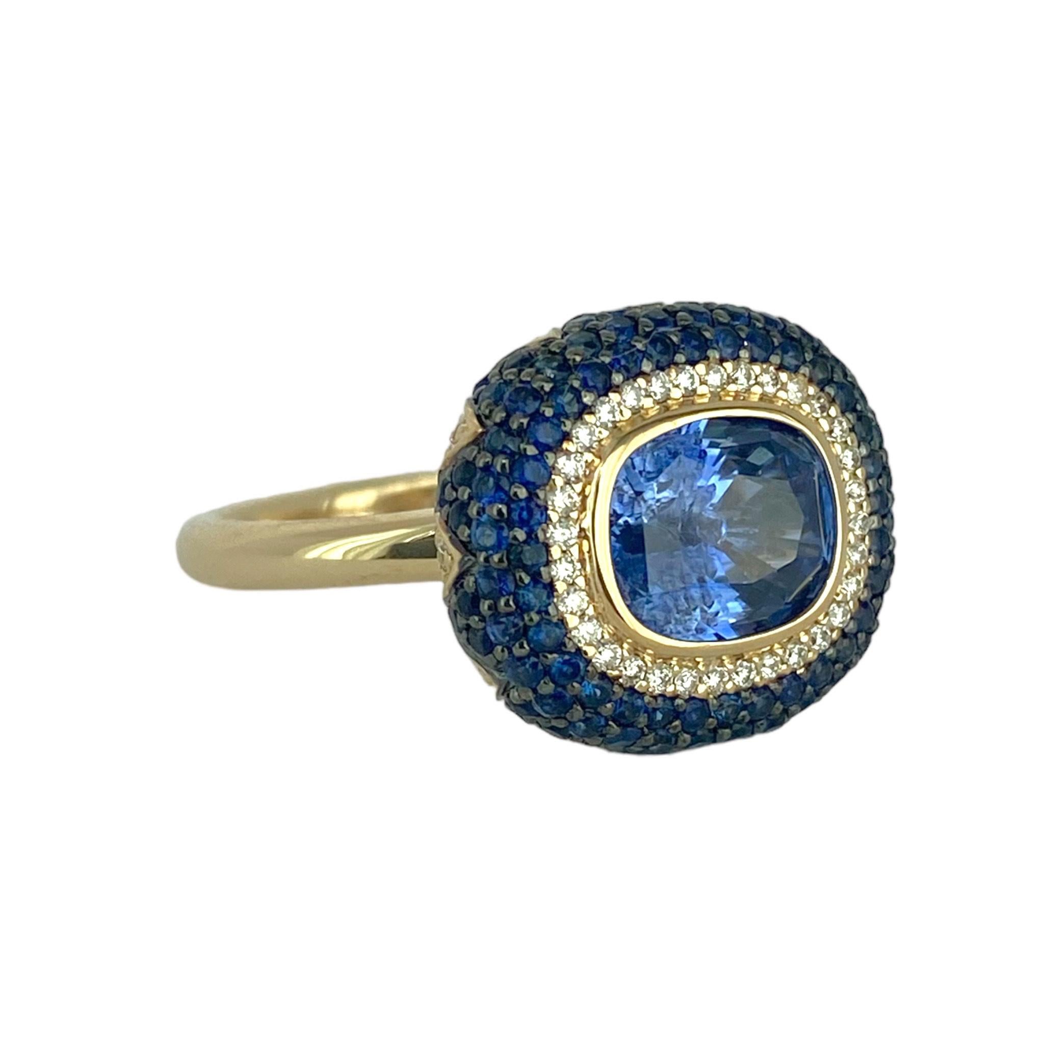 Lotus East West Ring with Ceylon Blue Sapphire Solitaire Pave Petals & Diamonds For Sale 1