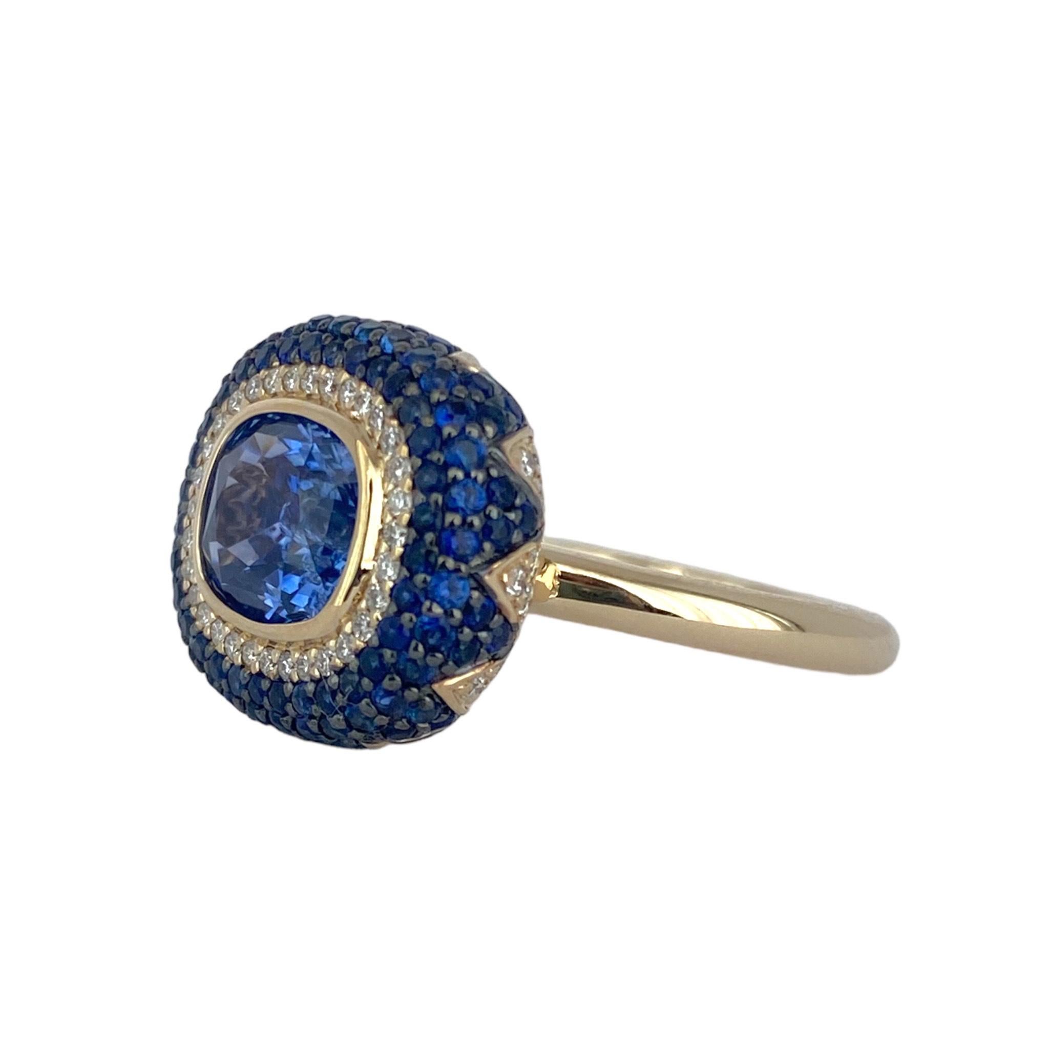 Lotus East West Ring with Ceylon Blue Sapphire Solitaire Pave Petals & Diamonds For Sale 2