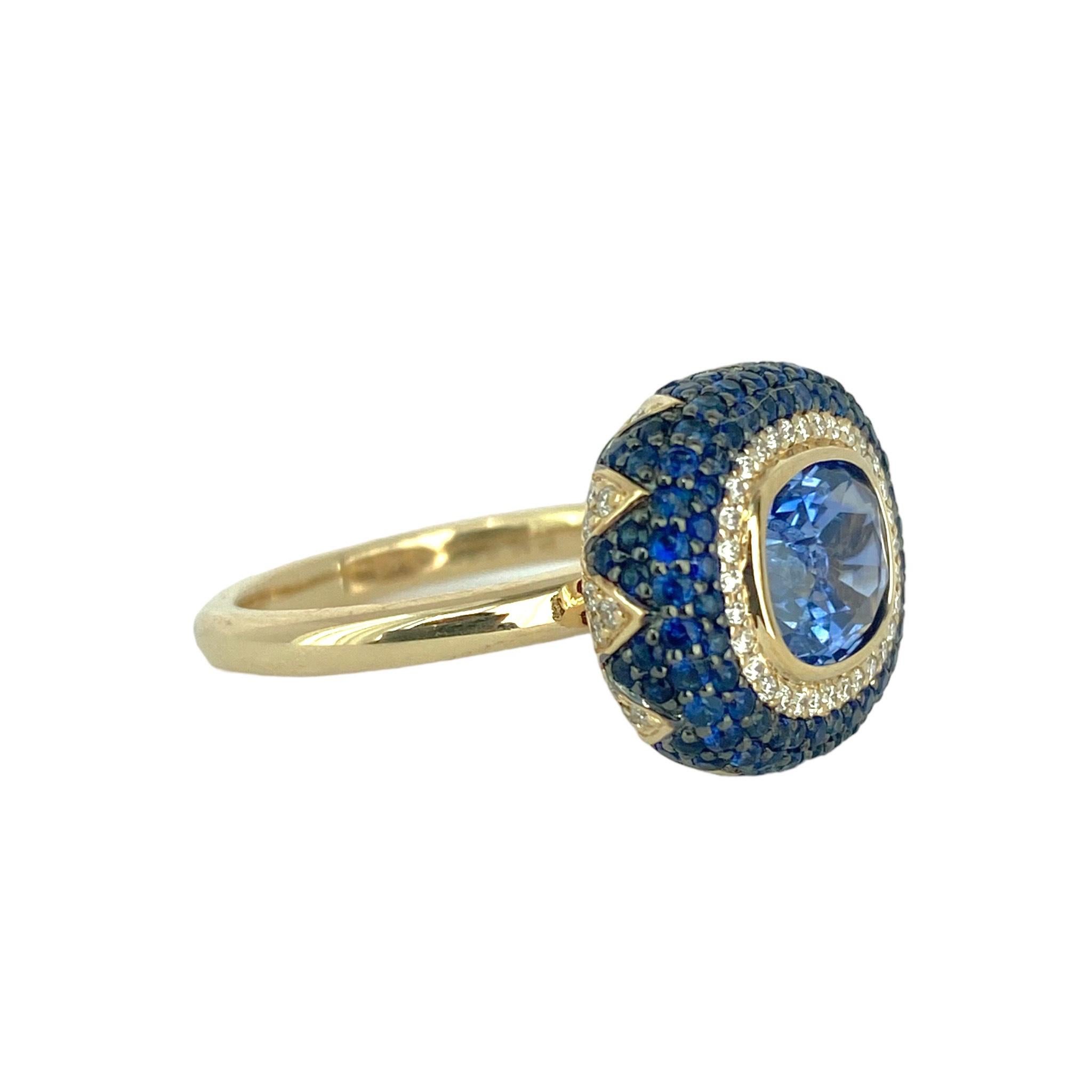 Lotus East West Ring with Ceylon Blue Sapphire Solitaire Pave Petals & Diamonds For Sale 3