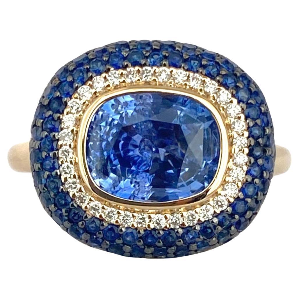 Lotus East West Ring with Ceylon Blue Sapphire Solitaire Pave Petals & Diamonds For Sale