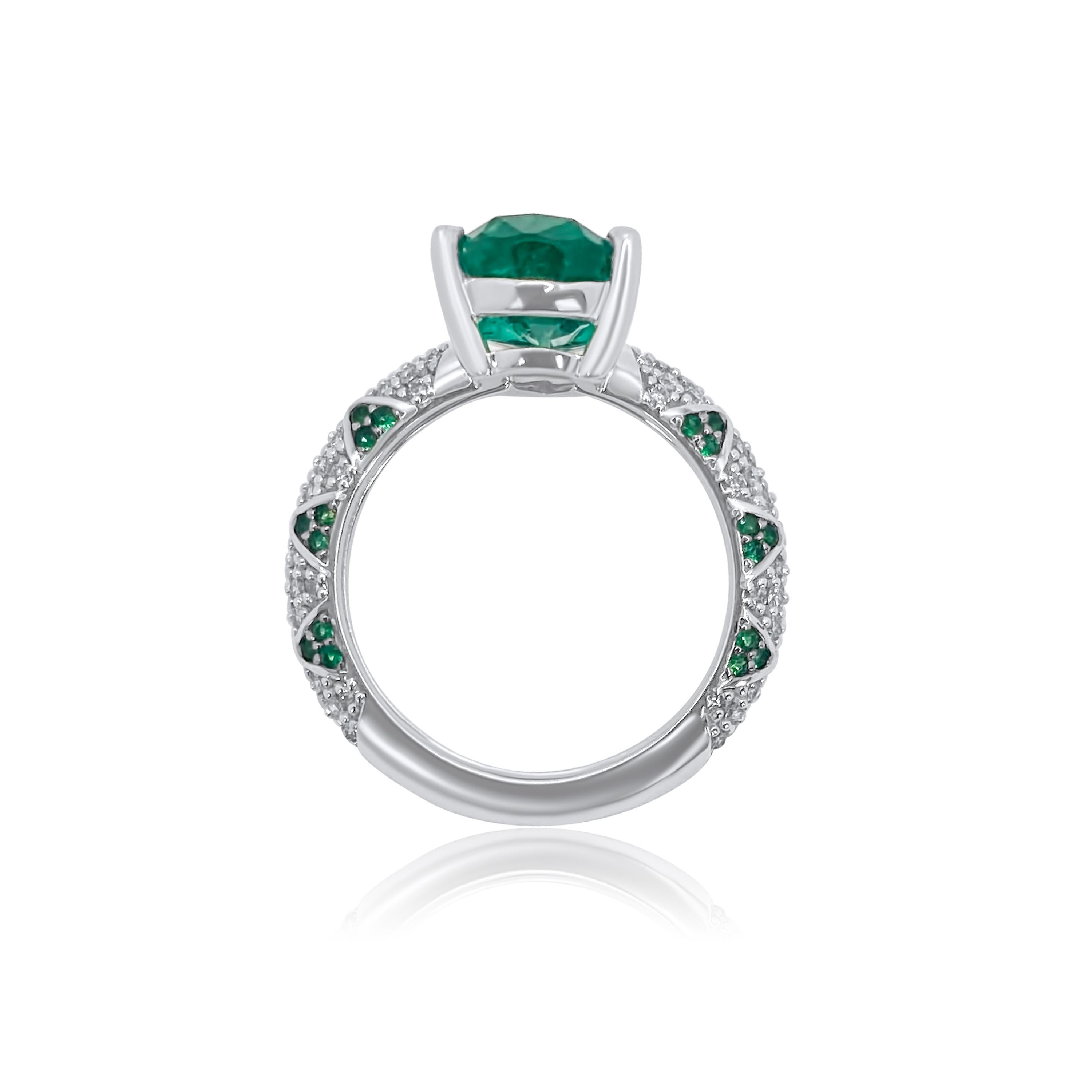 Lotus Emerald Pear Solitaire (4.42ct) with Emerald Petals and Pave Diamond Ring For Sale 2