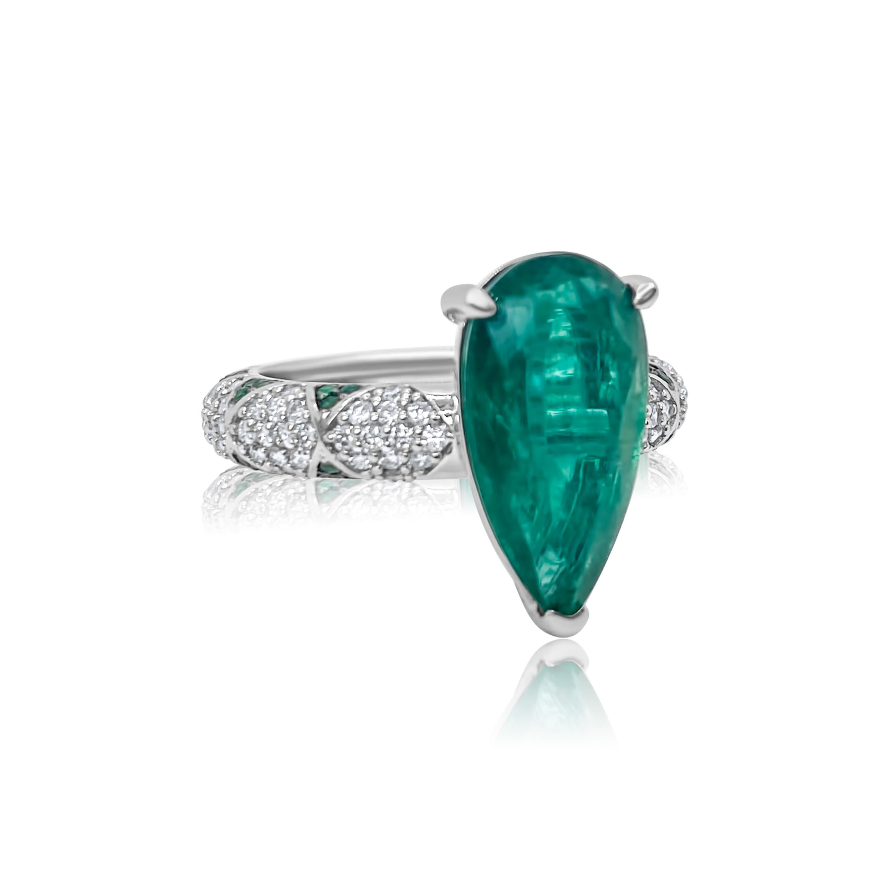 Lotus Emerald Pear Solitaire (4.42ct) with Emerald Petals and Pave Diamond Ring For Sale 3