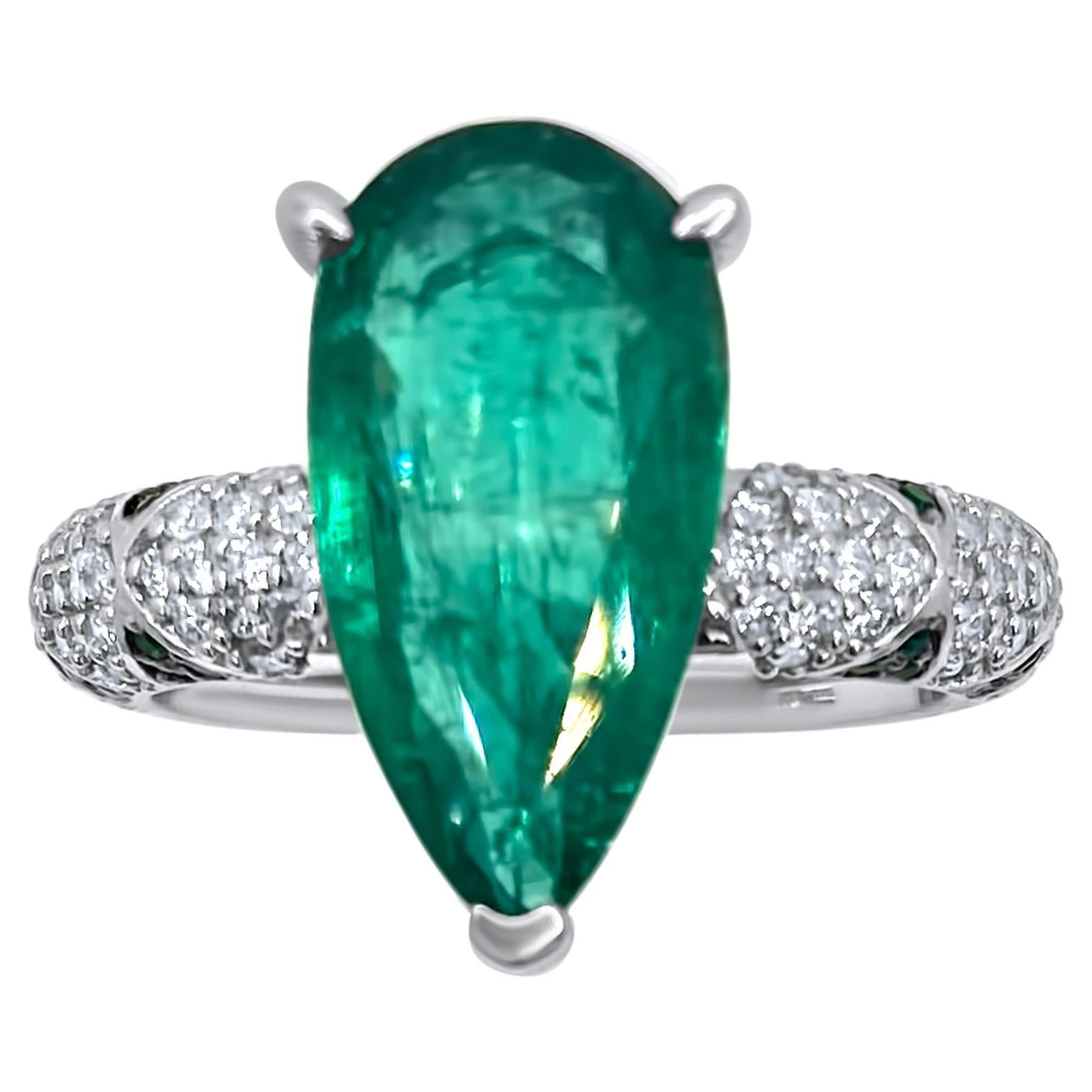 Lotus Emerald Pear Solitaire (4.42ct) with Emerald Petals and Pave Diamond Ring For Sale
