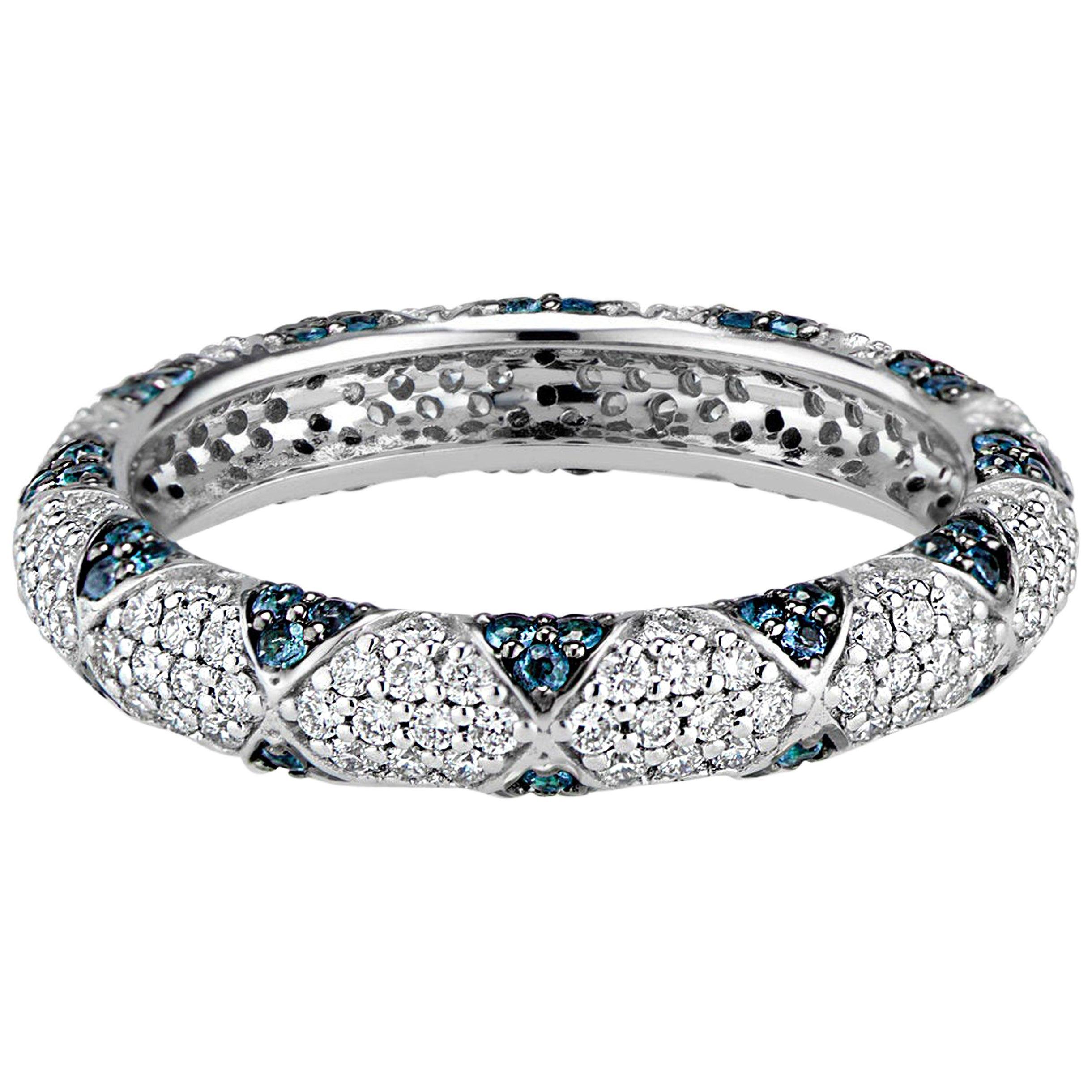 For Sale:  Lotus Eternity Band Ring with Blue Sapphire Petals and Pave Diamonds