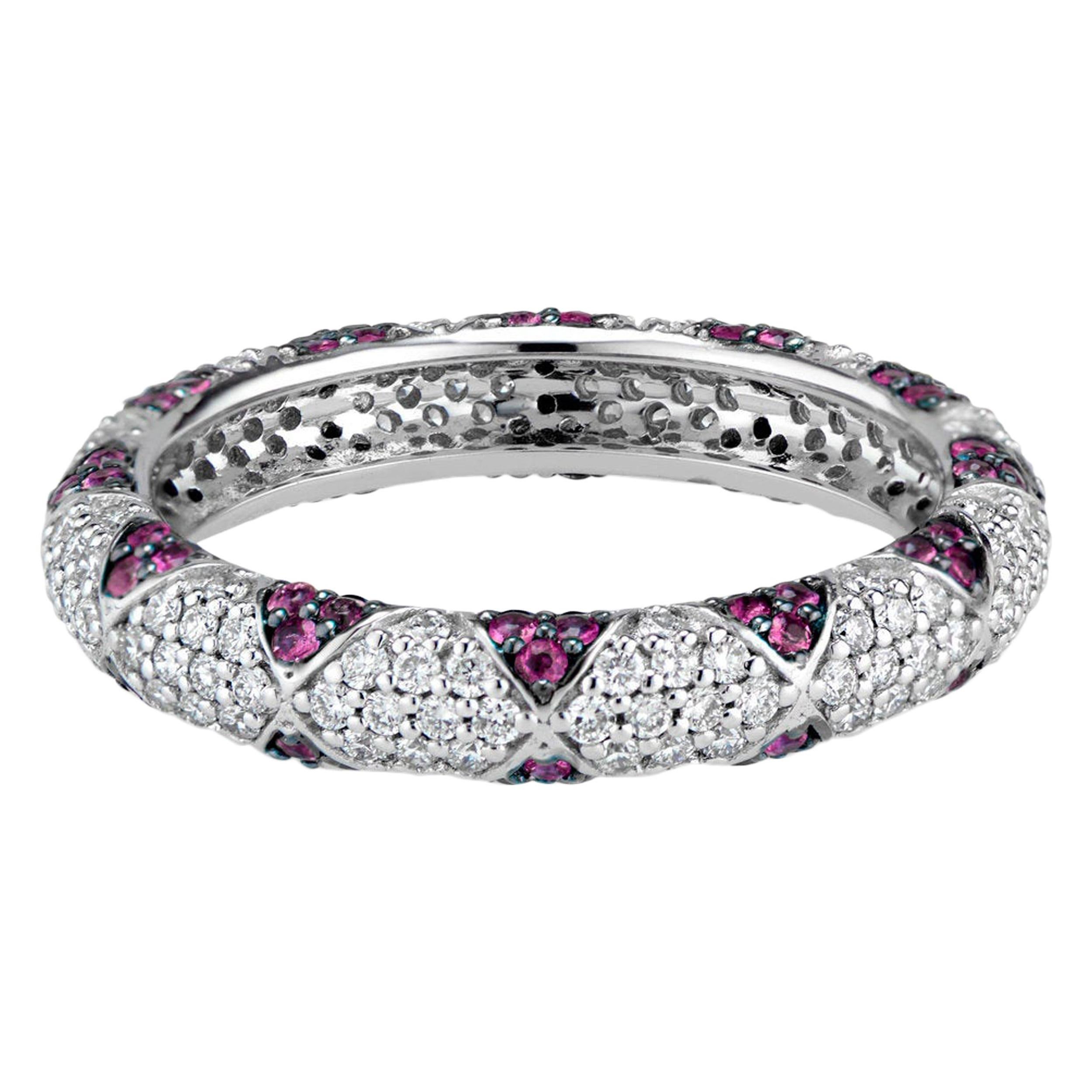 Lotus Eternity Band Ring with Ruby Petals and Pave Diamonds