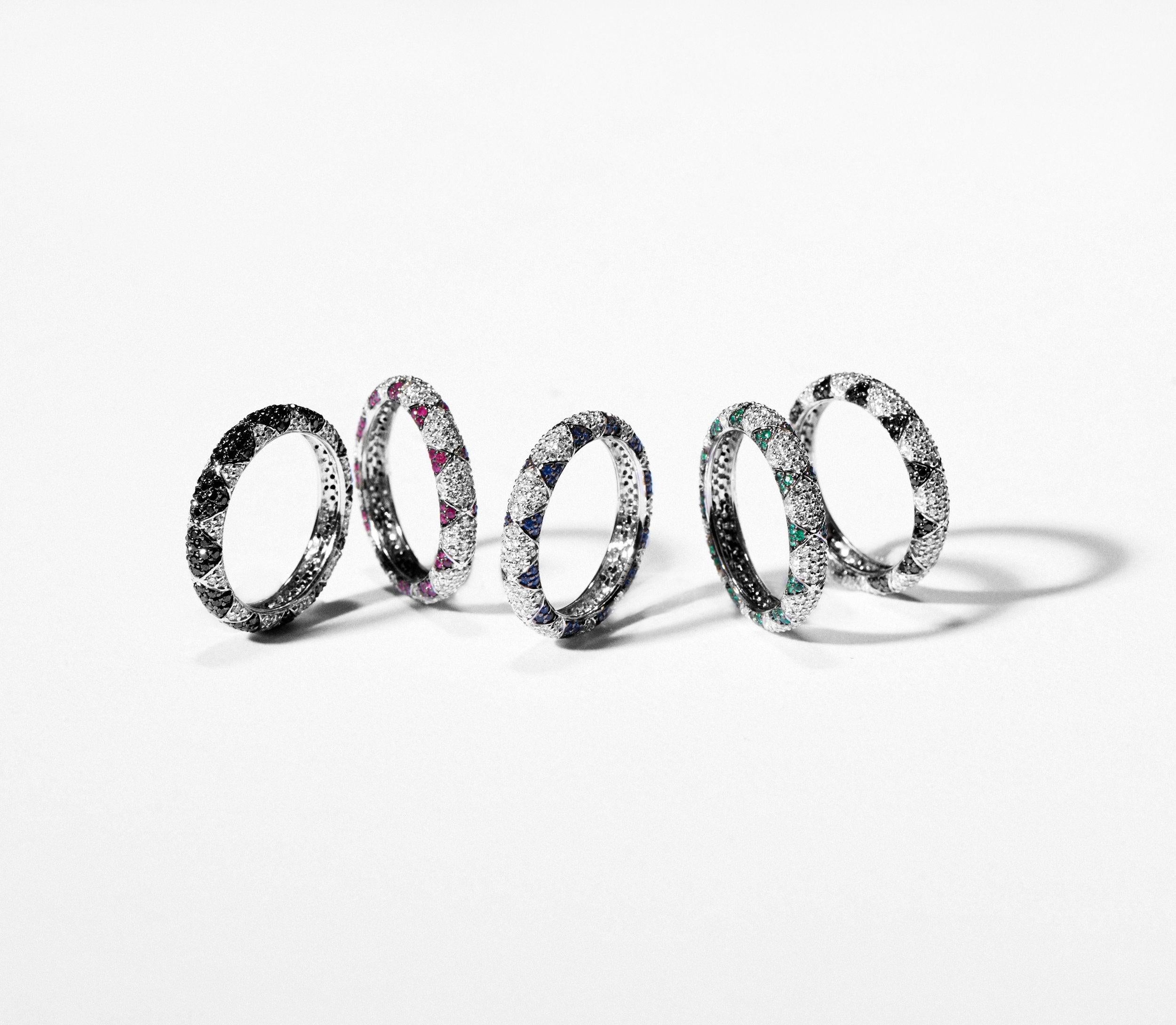 Lotus Eternity Band Ring with White Diamond Petals and Pave Black Diamonds 2