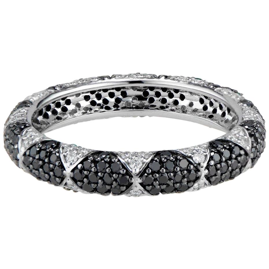 Lotus Eternity Band Ring with White Diamond Petals and Pave Black Diamonds