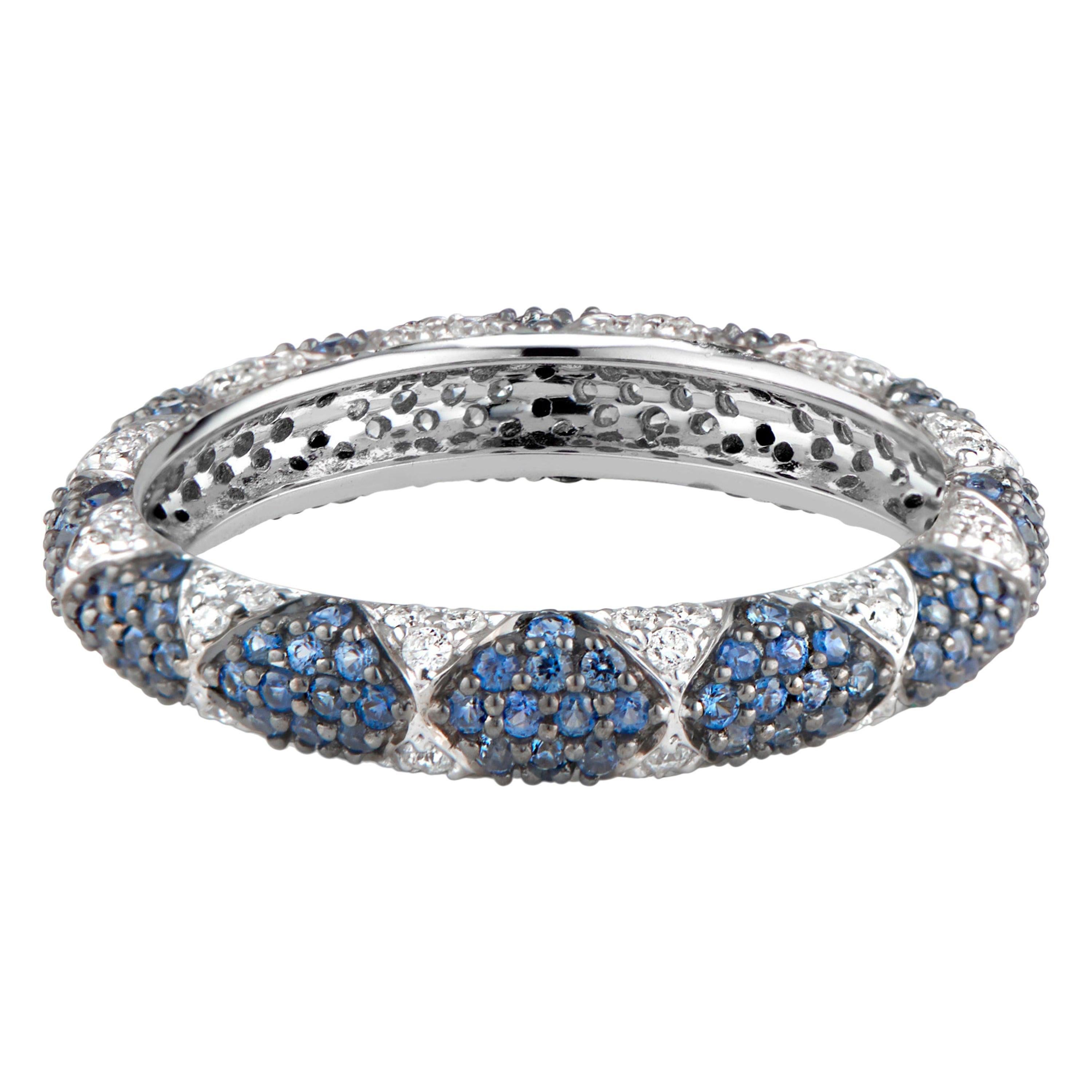 Lotus Eternity Band Ring with White Diamond Petals and Pave Blue Sapphires