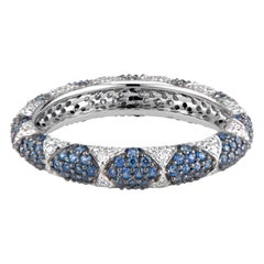 Lotus Eternity Band Ring with White Diamond Petals and Pave Blue Sapphires