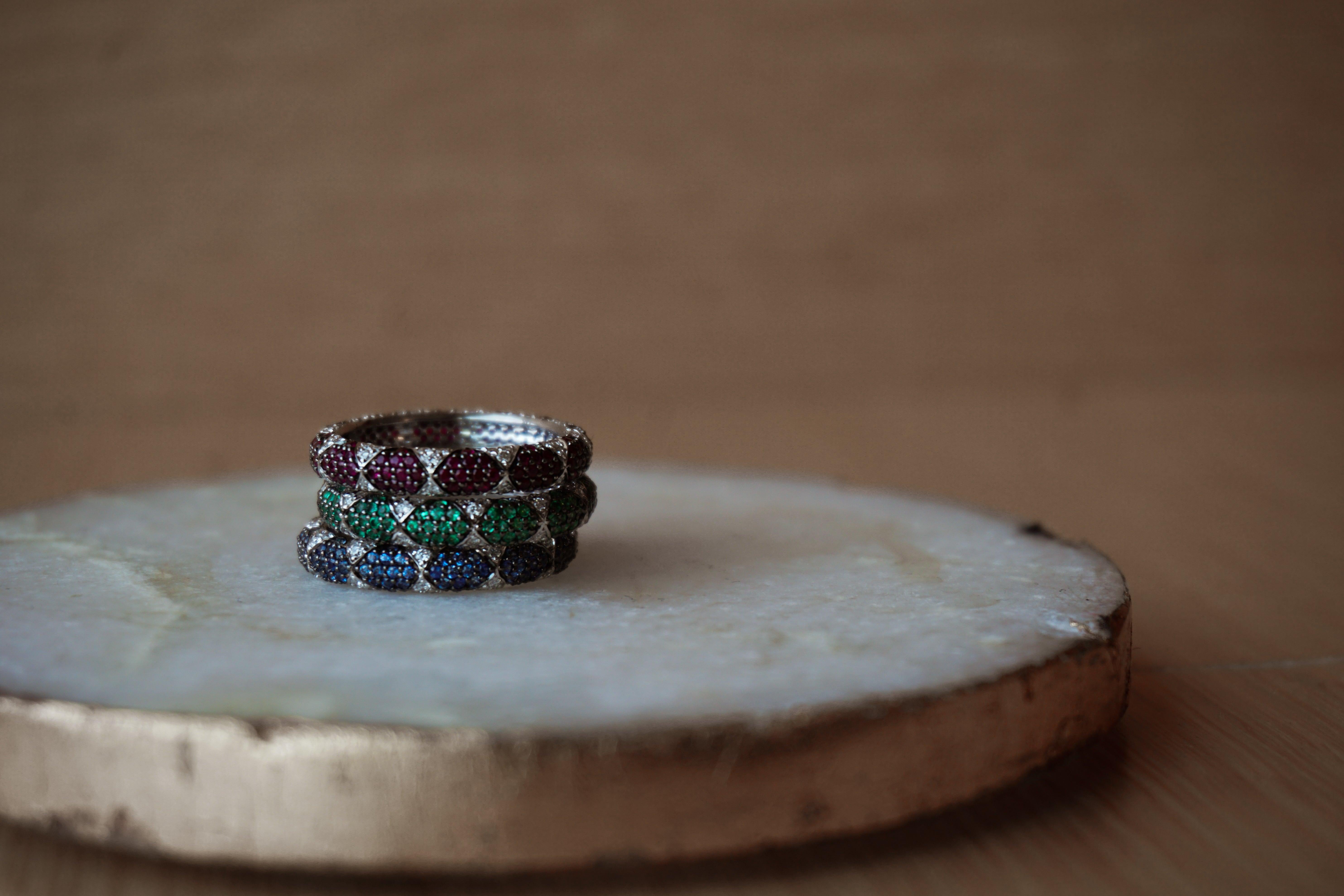 Lotus Eternity Band Ring with White Diamond Petals and Pave Set Emeralds 6