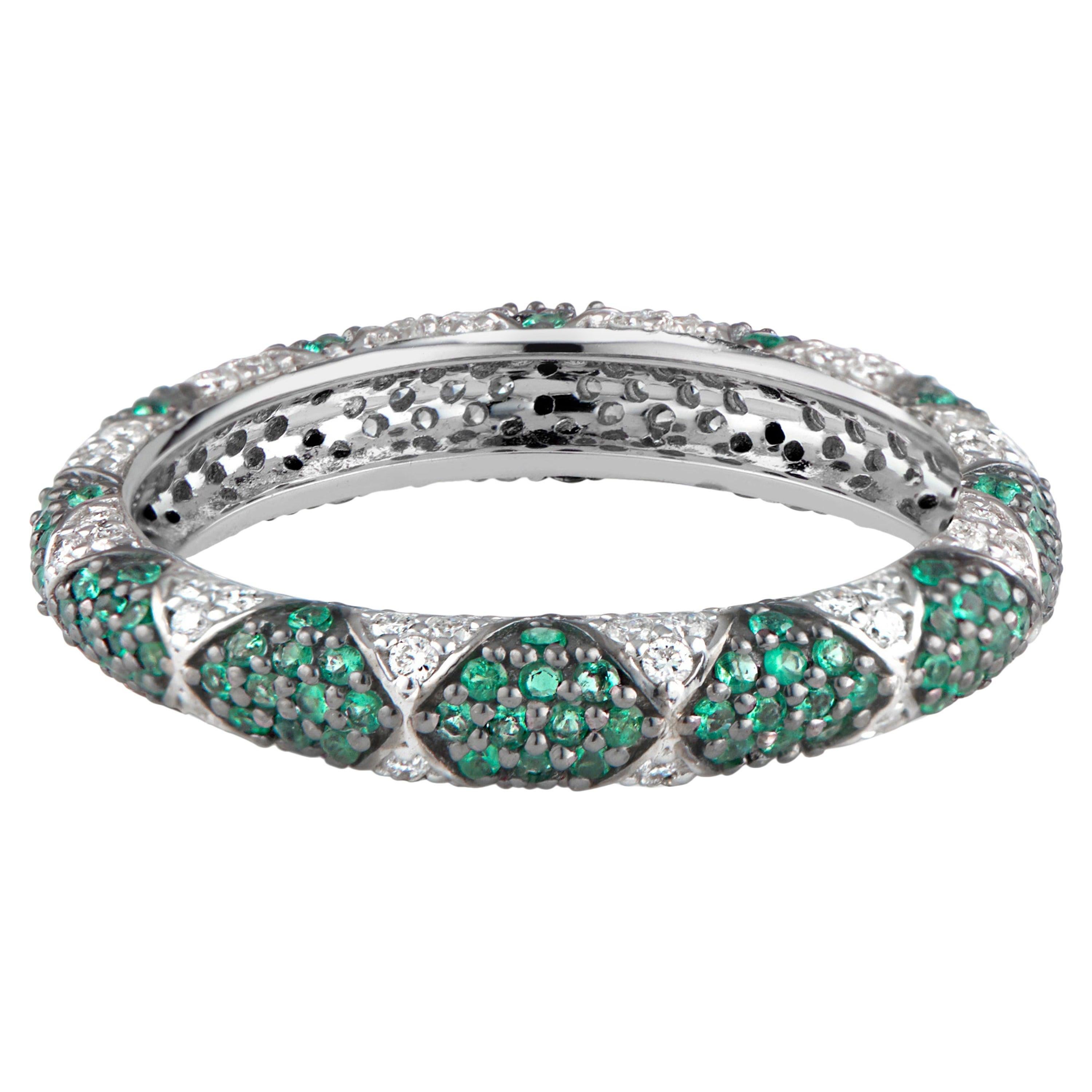 Lotus Eternity Band Ring with White Diamond Petals and Pave Set Emeralds
