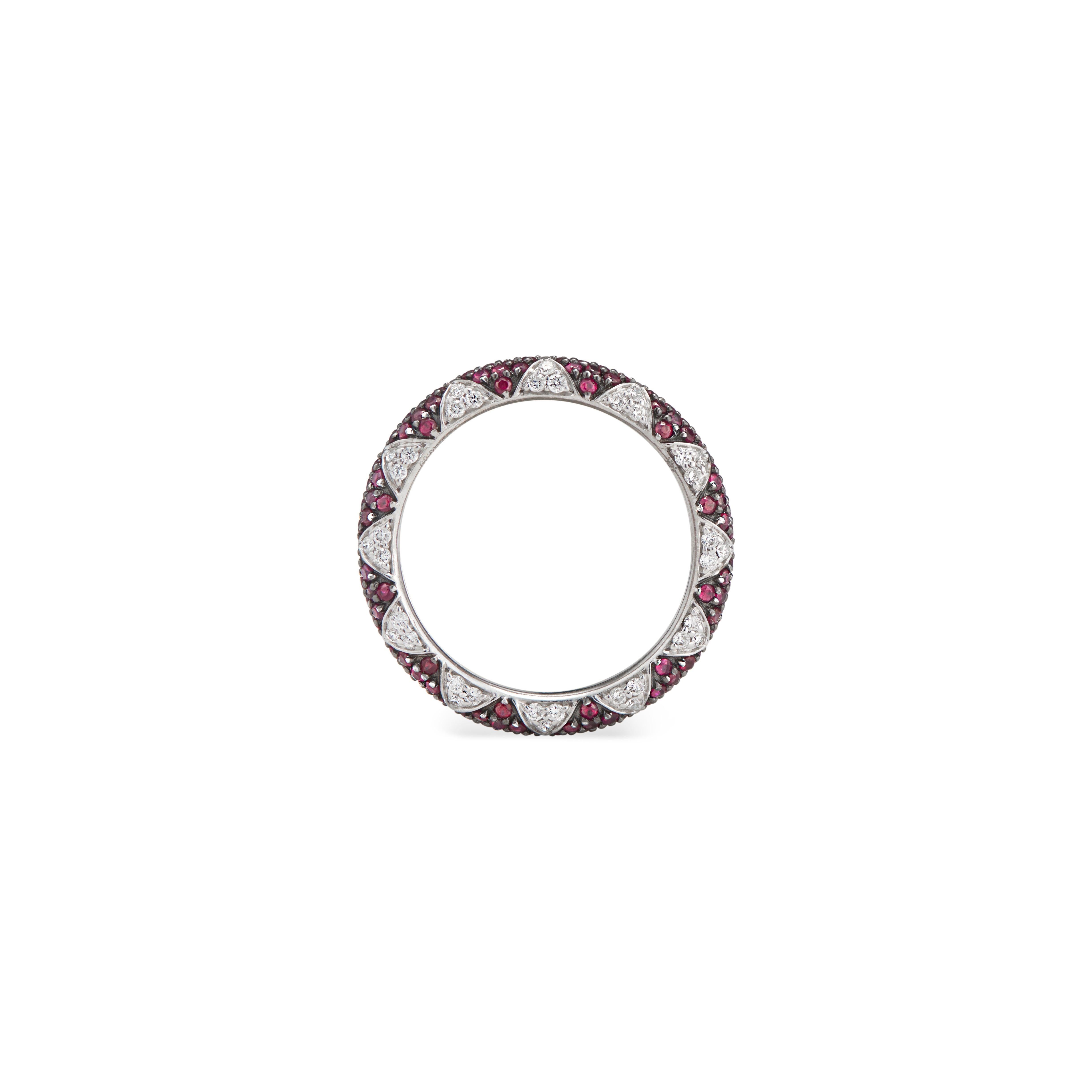 Lotus Eternity Band Ring with White Diamond Petals and Pave Set Rubies 2