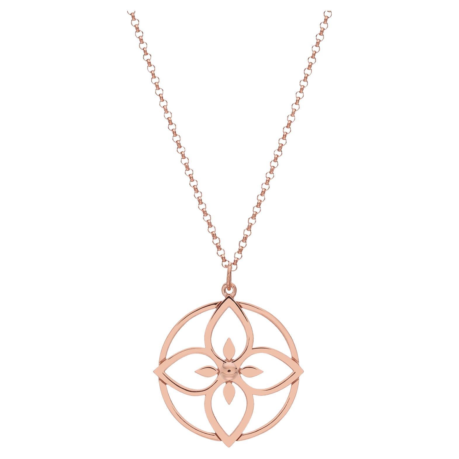 Collier pendentif Lotus Flouer Love rond en or rose 14 carats avec chaîne Rolo