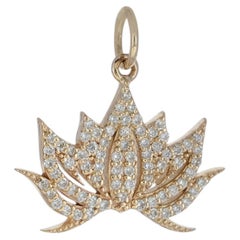 Lotus Flower Charm Solid 14k Yellow Gold Jewelry Genuine H/Si Diamond Pendant