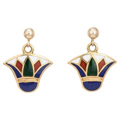Lotus Flower Earrings Enamel Vintage 18k Yellow Gold Small Drops Fine Jewelry
